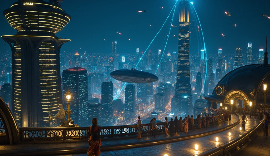 (((a large-breast bikini slim GIRL with black micro sunglasses))), (((aiming at viewer with a pistol))), a balcony of a futuristic building, aerial view of an ultra-futuristic megalopolis, many metal buildings and houses in dark colors from dark blue to black, a cidade tem tons de cinza metal, has smoky metal structures , industrial environment with smoke and fog around, carros escuros nas ruas, desert megalopolis, trilhos e trens modernos de de metal passando estre as ruas da cidade, tall futuristic metal buildings, many ultra modern buildings around, (((an Egypt sphinx statue on the top of building))), realistic, detailed, sci-fi.
