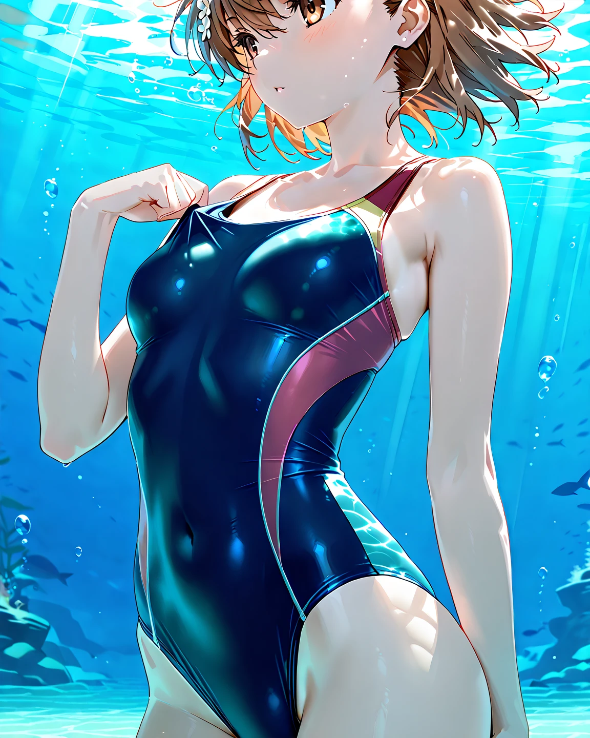 high quality,HD,16k,sharp lines,1 girl,Female swimming athlete ,cute face, large breasts, nice legs,At the swimming venue,focus girl,detailed beautiful face,detailed clothes,beautiful eyes,cool,dynamic angle