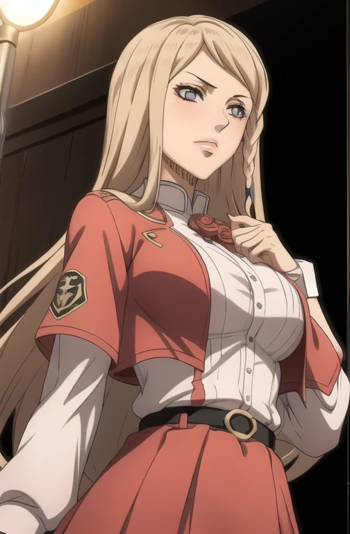 masterpiece, best quality, integr hellsing, integra, 1girl, solo, white pants, long sleeves , sitting, campfire, warm lighting , , annoyed, head tilt, looking to the side, gigantic breasts, breast focus,  boob window, bare breasts, arms at side, arms behind back