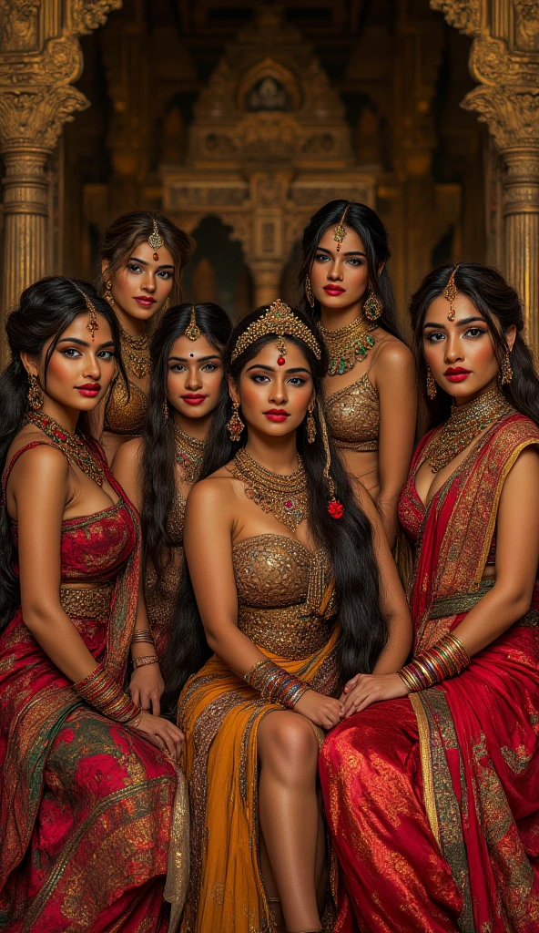 Harem women sitting in group photo in grand indian royal palace multiple woman wearing traditional indian cloths, all womans are beautiful,