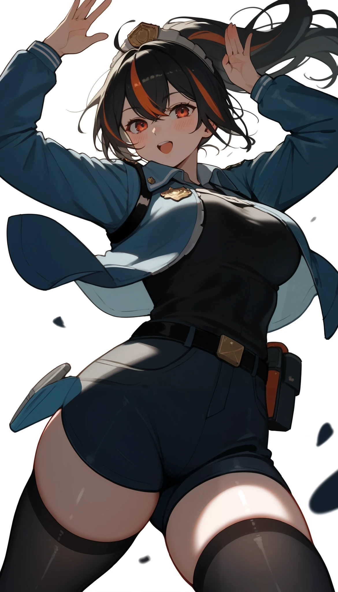 score_9, score_8_up, score_7_up, score_6_up, score_5_up, score_4_up, (masterpiece: 1.0), best quality, 1girl , Alone, Viewer, simple background, Expression of disdain, Victory Gesture , Running action, blush, Disdainful Eyes, From below, Black Stockings, Police Uniform, big breasts, style: midjourney, zhu_Yuan, white background