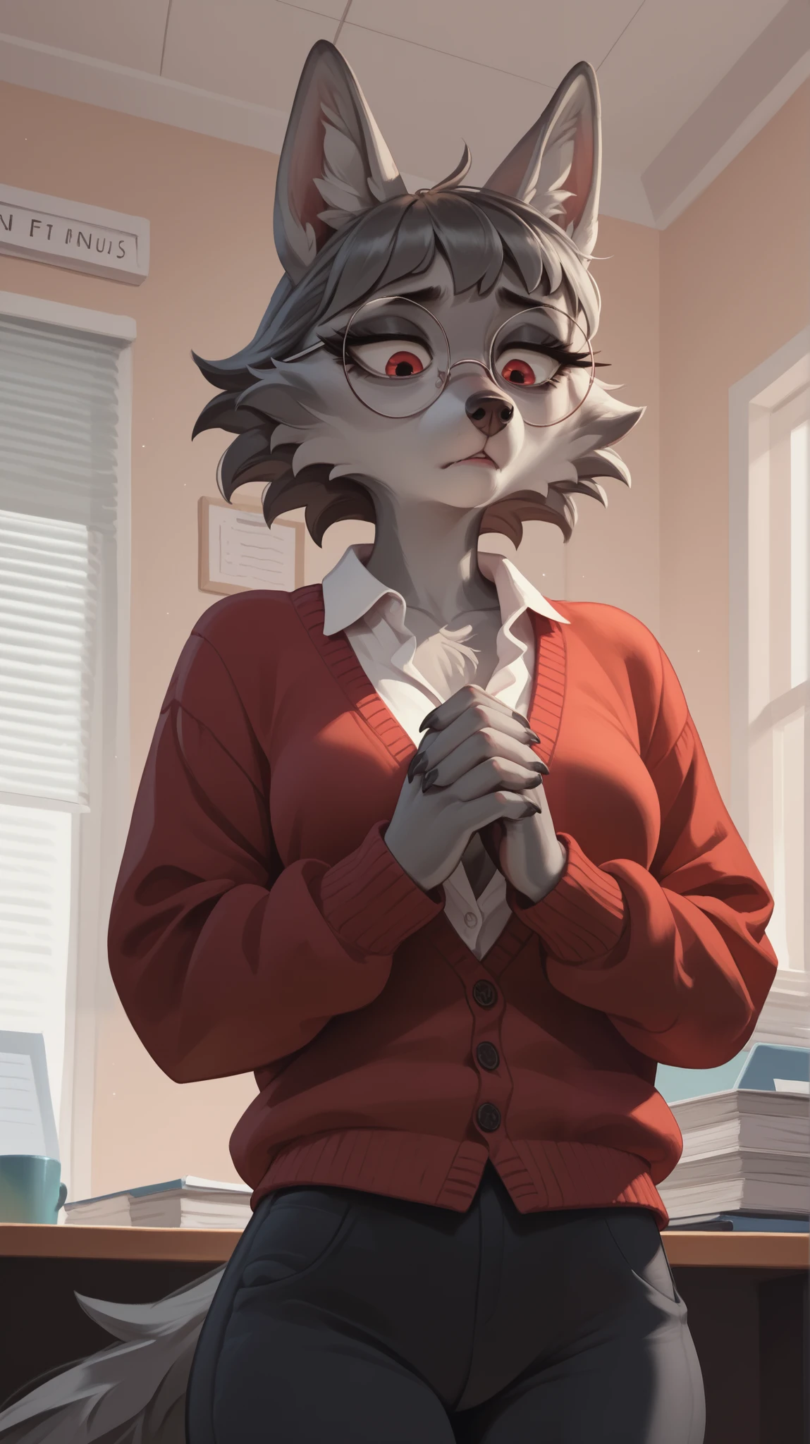 eastnik_fluffy, detailed background, office, Anthropomorphic female wolf, grey fur, Red eyes, full height, looks down, hands together, sad face, long lashes, black-rimmed , round glasses, standing, big chest, high legs, cardigan, big pants, uncertain posture , dynamic corner, Angle