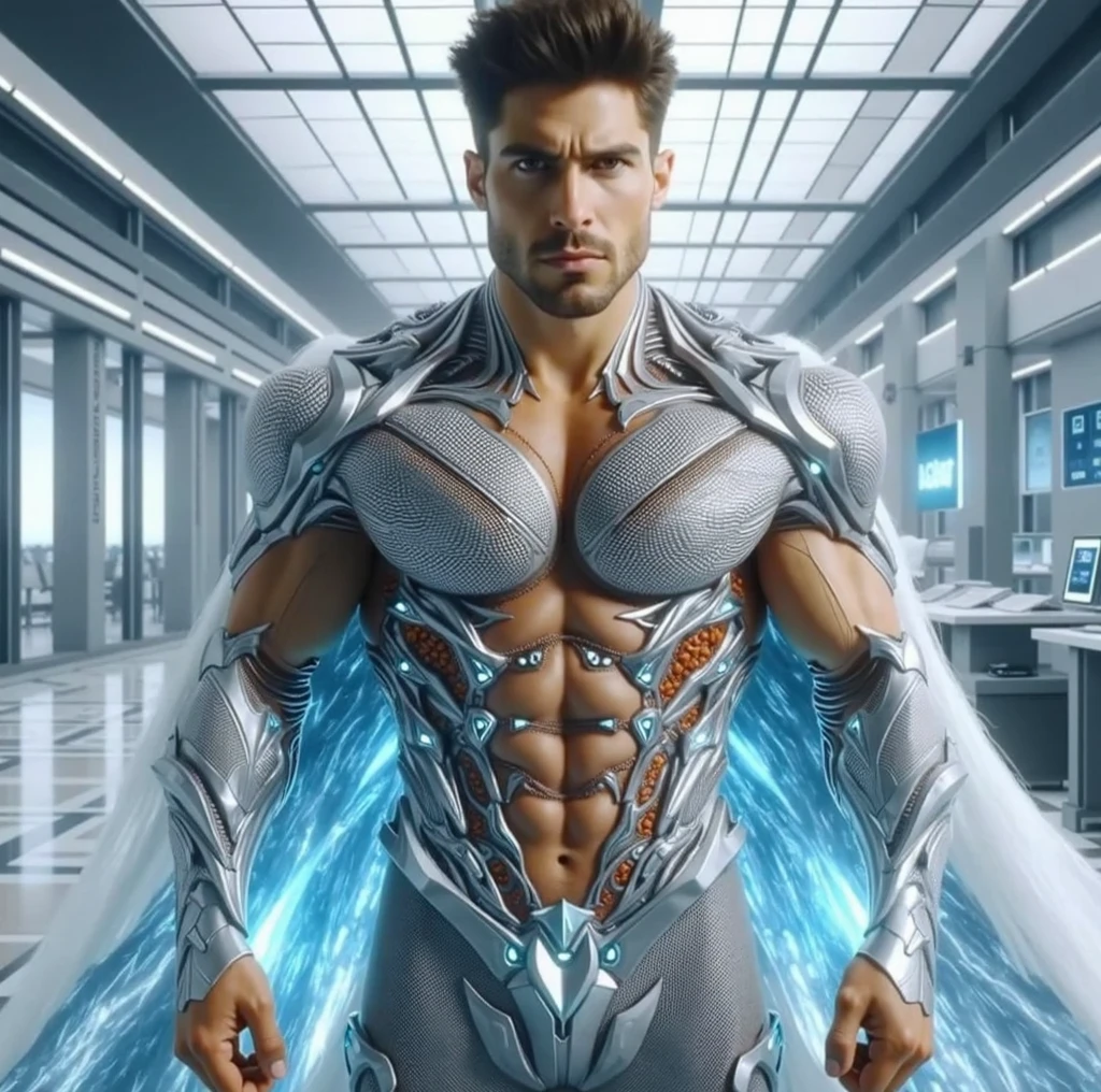 a realistic handsome naked muscular athletic man wearing a revealing transparent black and white uniform and jockstrap, as a future astronaut in a spaceship, dynamic pose, full body image, action pose, seen from a low angle