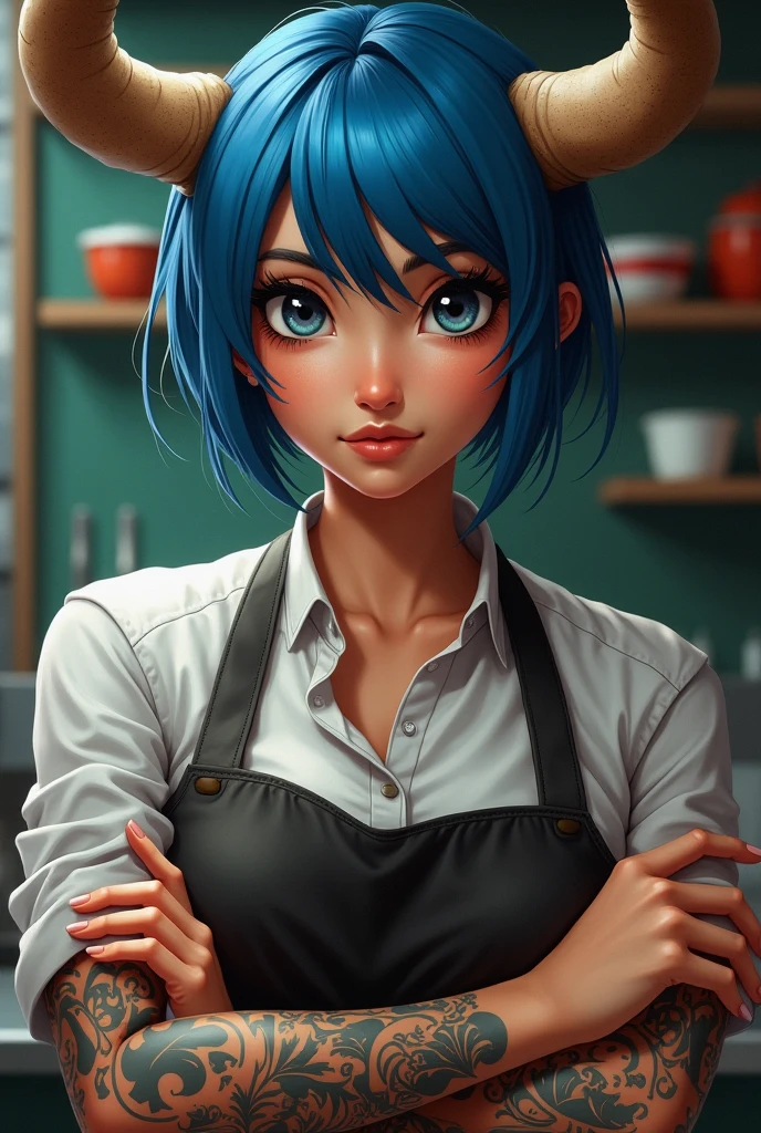 (masterpiece, best quality:1.2), 1girl, solo, tan skin, light_dark skin, blue eyes, soft face, freckles, body freckles, short hair, black hair, messy_hair, wavy hair, pixie_cut, pixie cut, short_hair