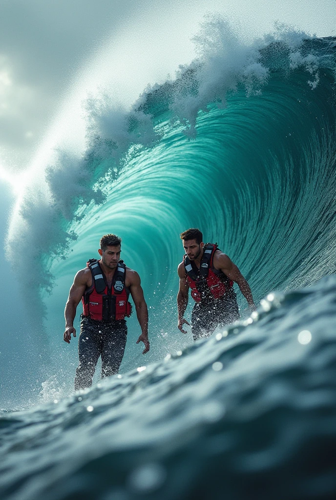 8k，8K resolution，2 Muscular Europeans, handsome man，charming eyes，rough real skin,beautiful, smooth and shiny，Full muscles，Thick body hair， (Wearing fashionable swimming trunks)，big bag，emphasize，(sea board surfing)，Two men smiling happily，sea board surfing，The waves are high，Chase out of the waves，professional lighting，Professional photography，Realistic photos，realistic model，realistic art