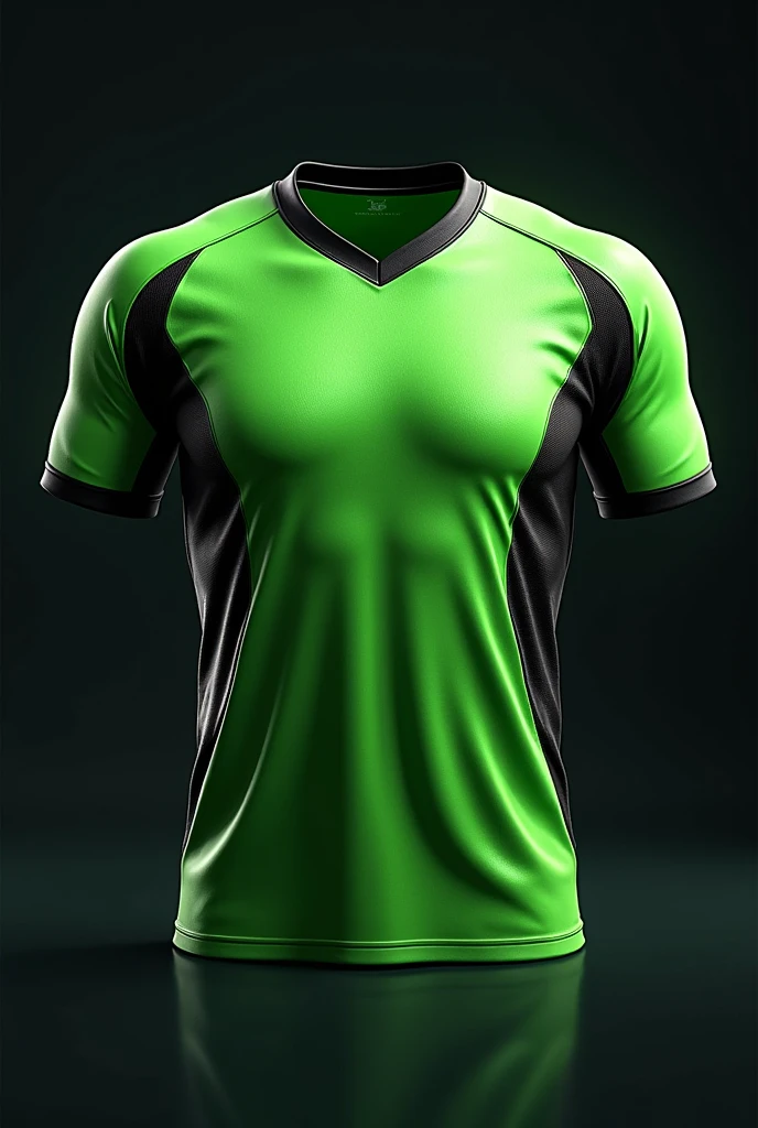 a green soccer jersey with some small purple details 