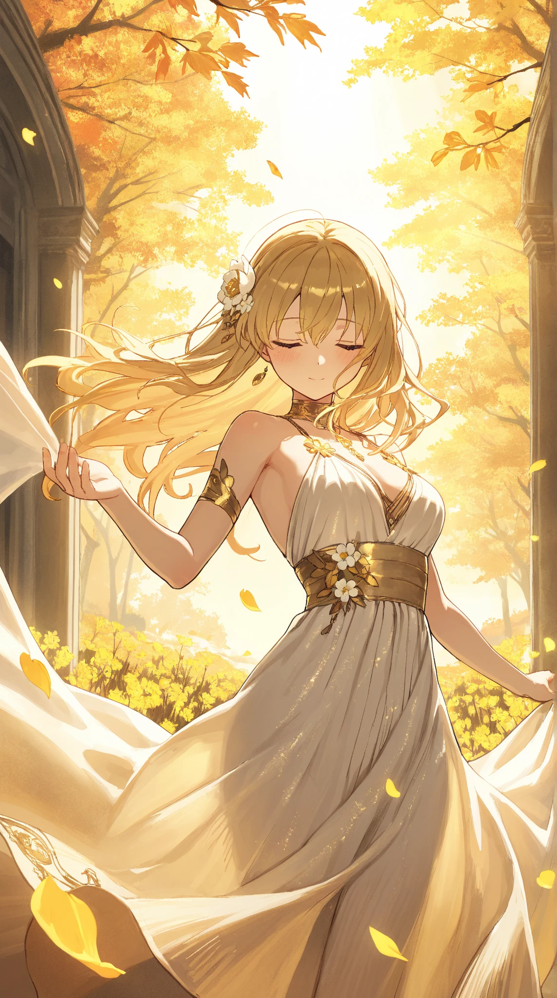 a girl with very long straight ginger hair,yellow eyes,calm expression,goddess-like smile,wearing greek goddess dress,flying in flower meadow garden,(best quality,4k,8k,highres,masterpiece:1.2),ultra-detailed,(realistic,photorealistic,photo-realistic:1.37),highly detailed,intricate details,dramatic lighting,cinematic,glowing skin,volumetric lighting,ethereal,serene,tranquil,natural