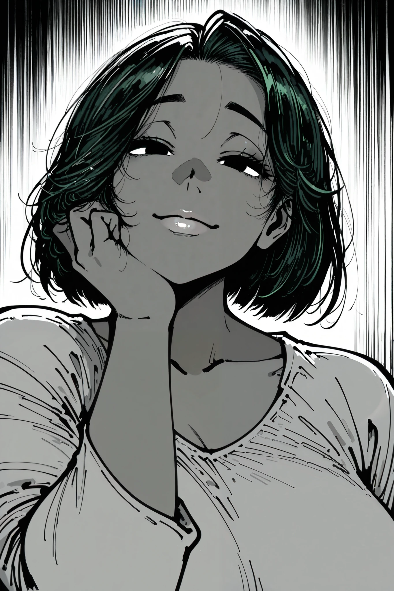 HDR, 8K, high contrast, masterpiece, best quality, amazing quality, very aesthetic, anime artstyle, realistic, hentai art, newest,
BREAK
bounce light, hyperdetailed, detailed hair strands, detailed fibers, bornstyle
1girl,mature female,tall female,dark-skinned female,black hKafuair,monochrome,light smile,head tilt, hand on own cheek,