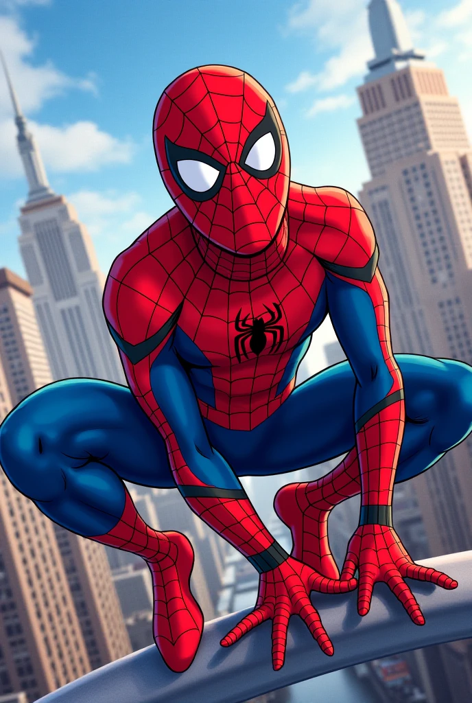 Pride Comics Style, solo, 1boy, holding, male focus, outdoors, bodysuit, mask, squatting, building, city, flag, superhero, red bodysuit, spider web print, transgender flag, rainbow colors, traditional media, cinematic angle, cinematic lighting, foreshortening, depth of field, detailed background, masterpiece, best quality , official art , <lora:PrideComicsSDXLTEST:0.8>