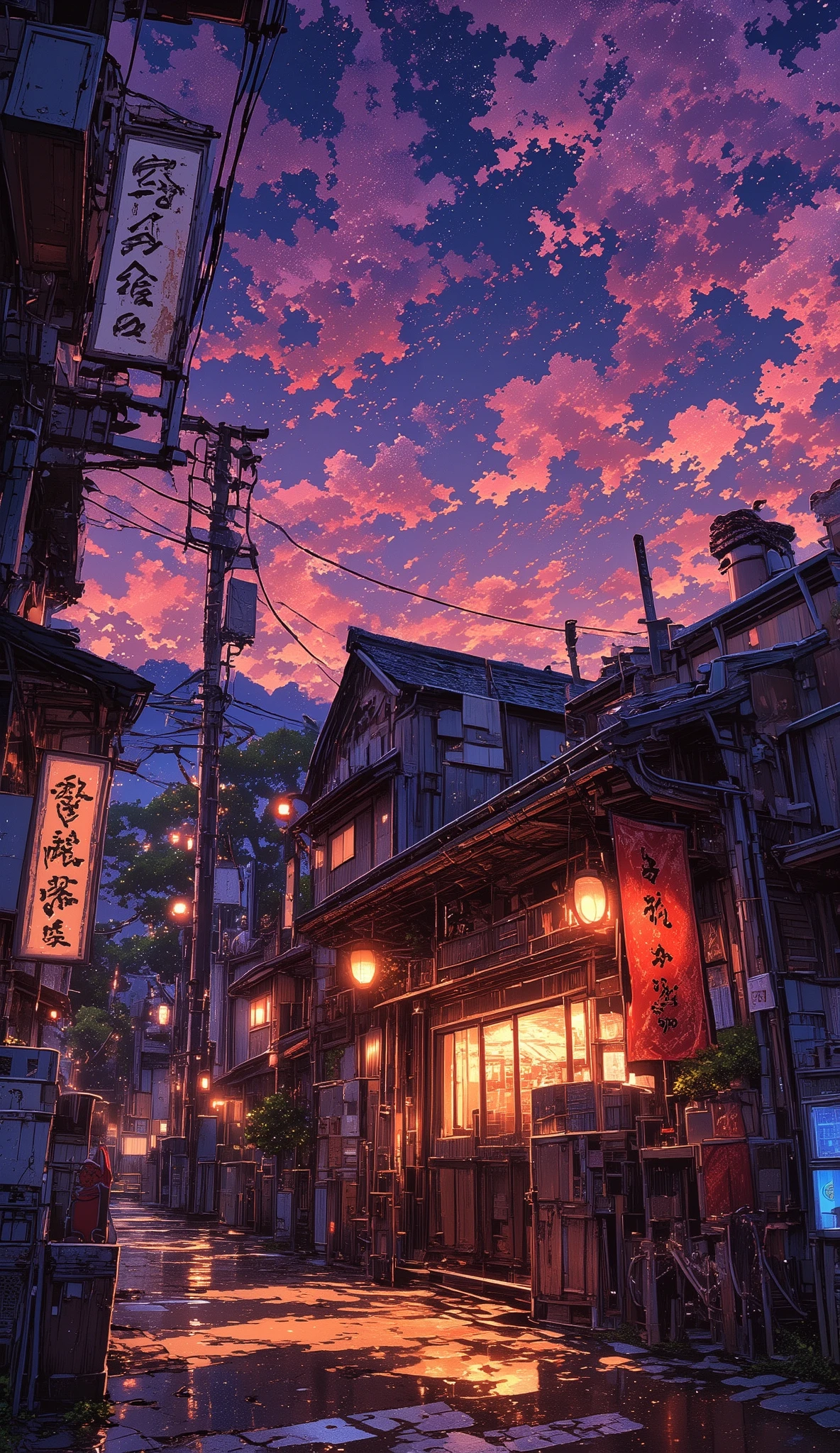A traditional Japanese izakaya with warm glowing lanterns, nestled in a quiet street during twilight. The sky is a mesmerizing blend of deep purple and soft pink hues, with delicate scattered clouds adding depth to the scene. The rustic wooden facade of the izakaya exudes nostalgia, with a weathered signboard featuring Japanese kanji characters. A red noren curtain hangs at the entrance, inviting customers inside. The soft lighting from the interior spills onto the street, creating a cozy and intimate atmosphere. The surroundings include small traditional shops, bicycles parked nearby, and a few trees adding a touch of nature to the urban setting. The scene evokes a sense of nostalgia, warmth, and tranquility, reminiscent of classic anime aesthetics. High-detail textures, soft cinematic lighting, and a calming ambiance complete the visual