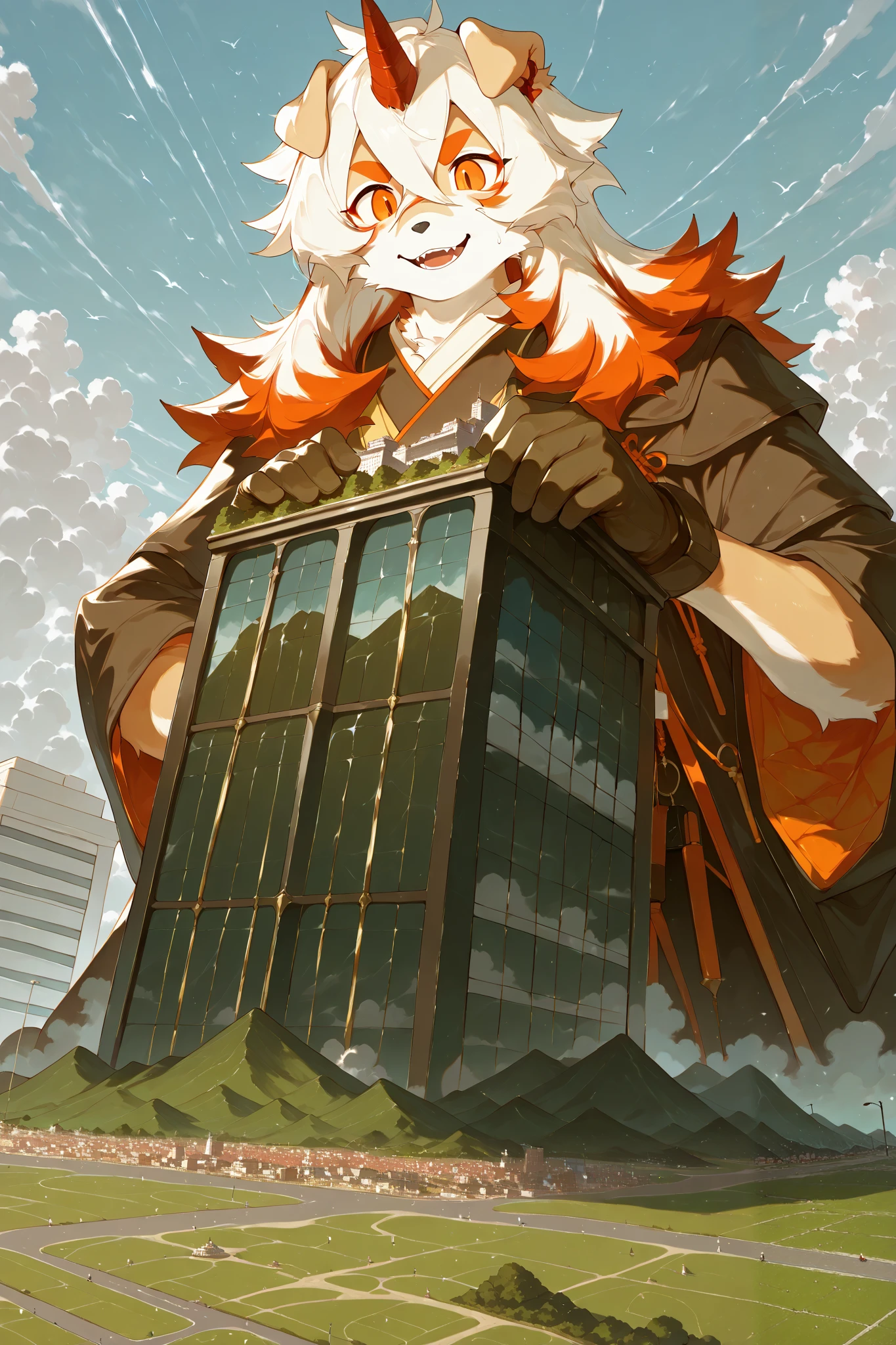 score_9, score_8_up, score_7_up, score_6_up, furry, anthro, solo, hung, perro, arknights, two-tone fur, medium hair, white hair, single horn, orange eyes,(macro size: 1.6), (a giant furry hung in a fantasy town: 1.1), describe image of a giant hung doing something in a fantasy town,Japanese Kimono