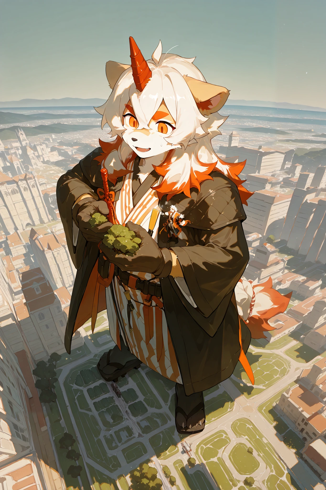 score_9, score_8_up, score_7_up, score_6_up, furry, anthro, solo, hung, perro, arknights, two-tone fur, medium hair, white hair, single horn, orange eyes,(macro size: 1.6), (a giant furry hung in a fantasy town: 1.1), describe image of a giant hung doing something in a fantasy town,Japanese Kimono