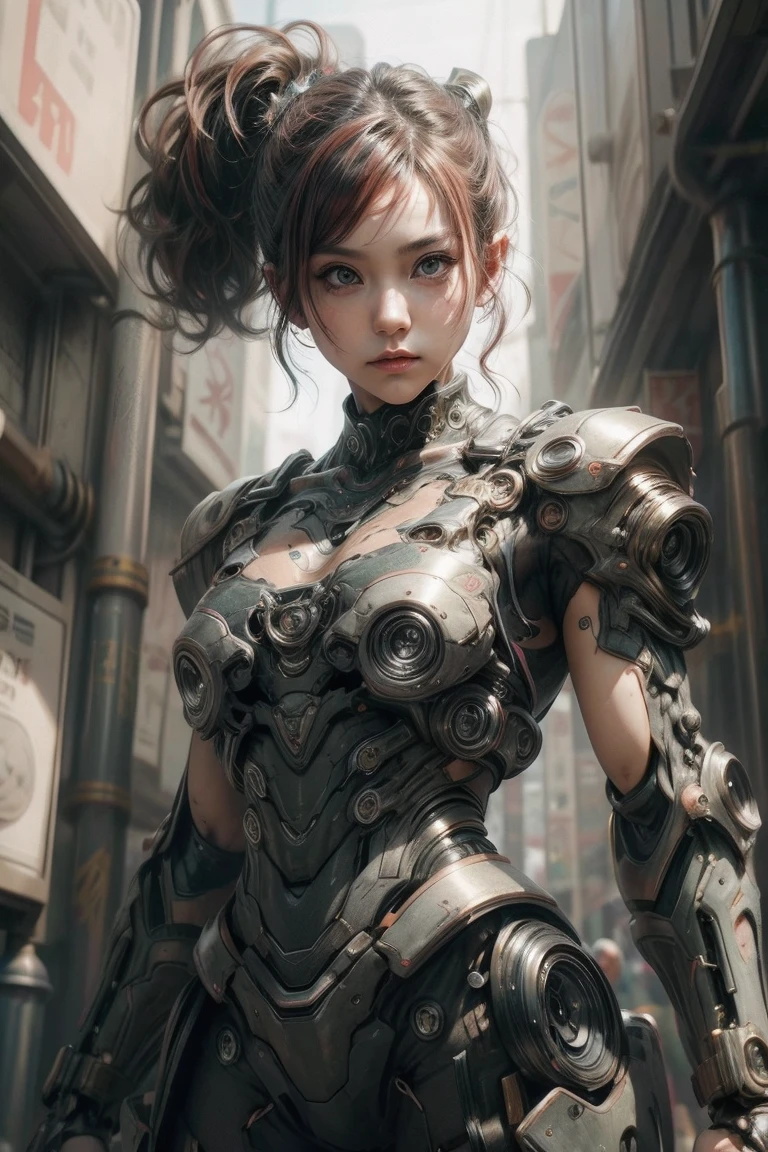 ((Highest quality)), ((masterpiece)), (detailed), 1 person,female,40 years old,Warrior,Bikini Armor,(((muscle))),(((Big Breasts))),Fantasy,Pauldrons,Gauntlets,Waist armor,Abandoned Factory,Large, thick armor covering the waist, wear armor around the waist,underboob,Shortcuts