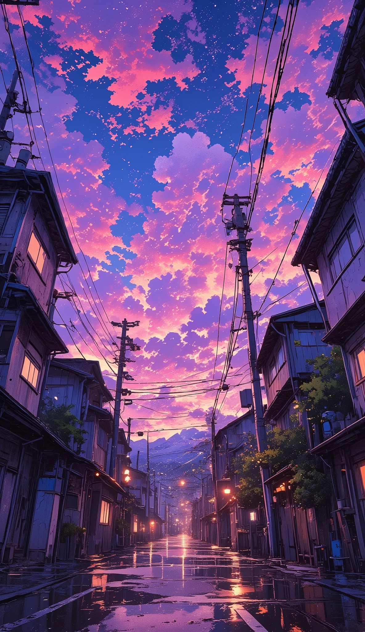 A nostalgic urban street scene at dusk, featuring old wooden utility poles with complex power lines stretching across the sky. The sky is a dreamy blend of deep purple and warm pink hues, filled with soft altocumulus clouds illuminated by the fading sunlight. A dimly lit street lamp casts a warm, golden glow on the aged buildings with traditional architecture, cracked walls, and small wooden balconies. The scene evokes a peaceful, melancholic atmosphere, reminiscent of classic anime cityscapes. High-detail textures, soft cinematic lighting, and a sense of quiet nostalgia fill the air