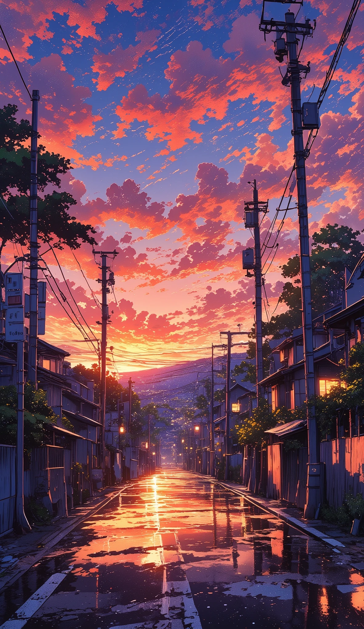 A serene suburban Japanese street at sunset, featuring a row of tall wooden utility poles with complex crisscrossing power lines. The sky is filled with scattered, textured altocumulus clouds illuminated by warm hues of orange, pink, and purple, creating a stunning contrast. Traditional Japanese houses with dark tiled roofs and illuminated windows line the street, surrounded by low concrete walls. A narrow asphalt road runs through the scene, with subtle reflections of the sunset glow. The overall atmosphere is calm and nostalgic, with a cinematic aesthetic and high dynamic range, capturing the peaceful essence of a Japanese evening