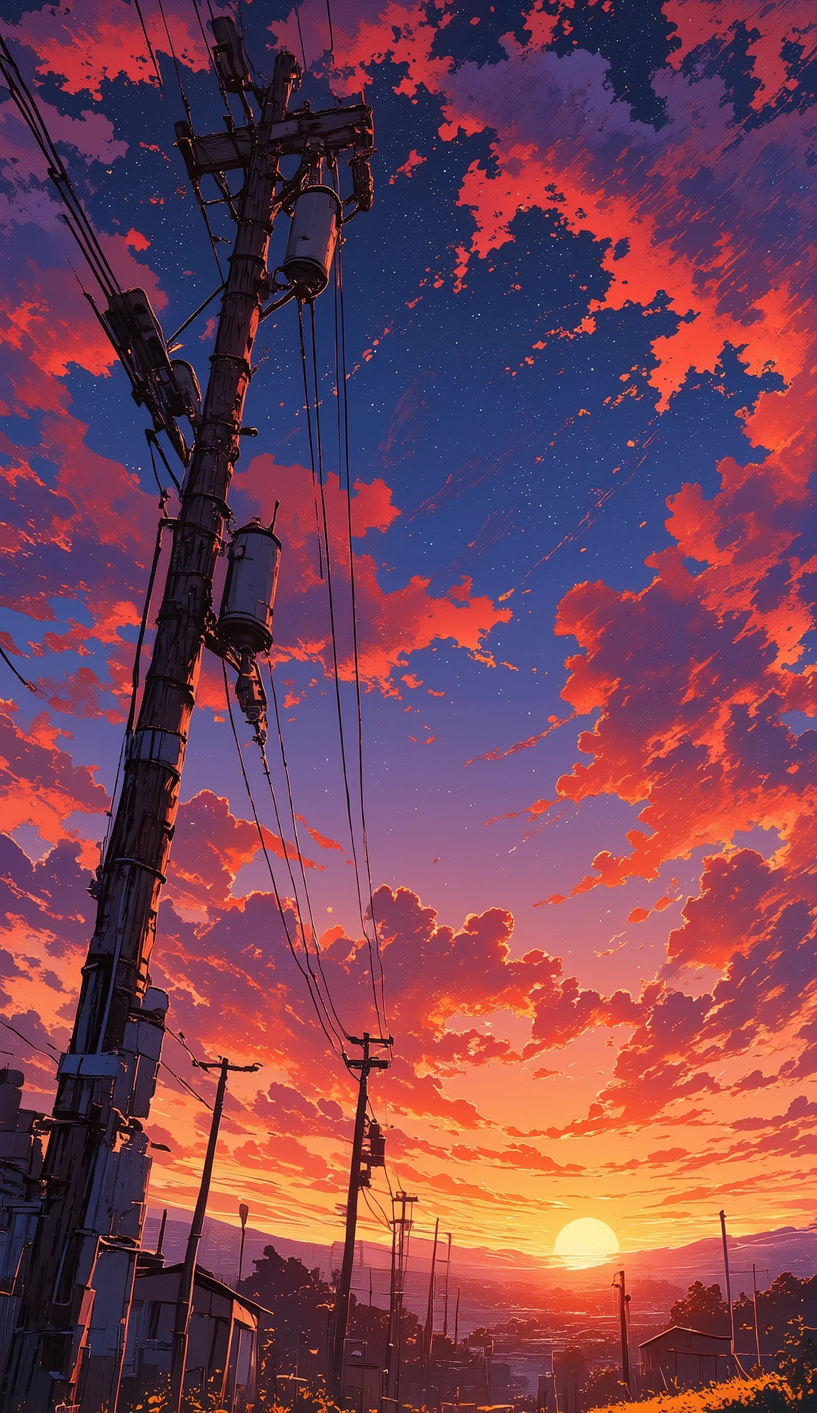 A tall wooden utility pole in close-up perspective, captured from a low angle against a vibrant sunset sky. The pole is detailed with transformers, insulators, and crisscrossing power lines. The sky is filled with streaks of red, orange, and purple clouds, blending into deep blue at the top with faint stars visible. A large glowing full moon sits low on the horizon, casting warm yellow light. The atmosphere feels calm, nostalgic, and cinematic, with high detail in textures and dramatic lighting.