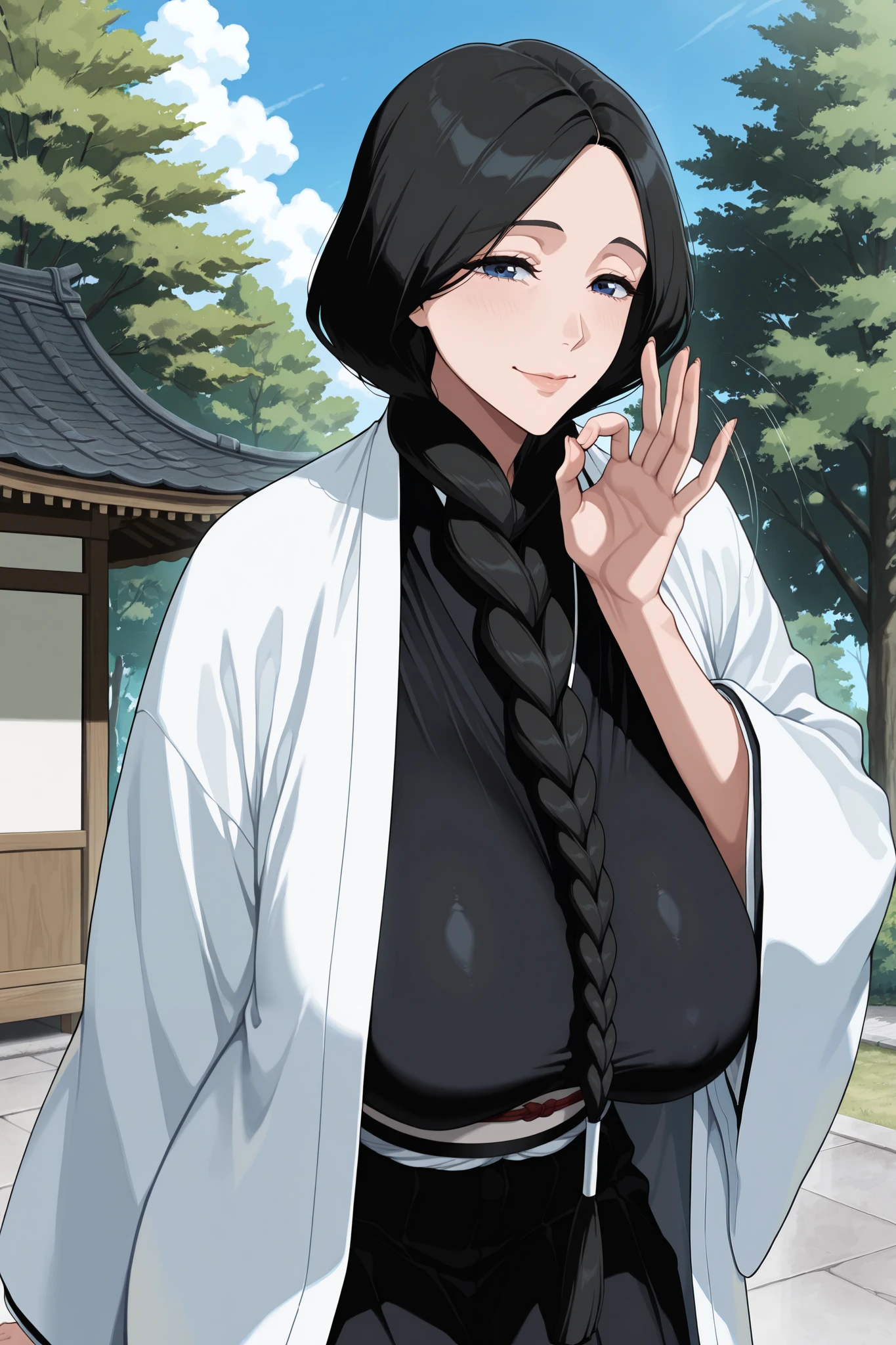 masterpiece,best quality, amazing quality, very aesthetic,anime screencap ,1girl, solo, run0hana, black hair, single braid, dark blue eyes, huge breasts, white haori, wide sleeves, black kimono, obi, black hakama, looking at viewer,mature female, old woman,(sagging breasts), smile, blue sky, tree, east asian architecture,MYLF,tear-drop shaped breasts,fellatio gesture,motion blur,motion line,blowjob face