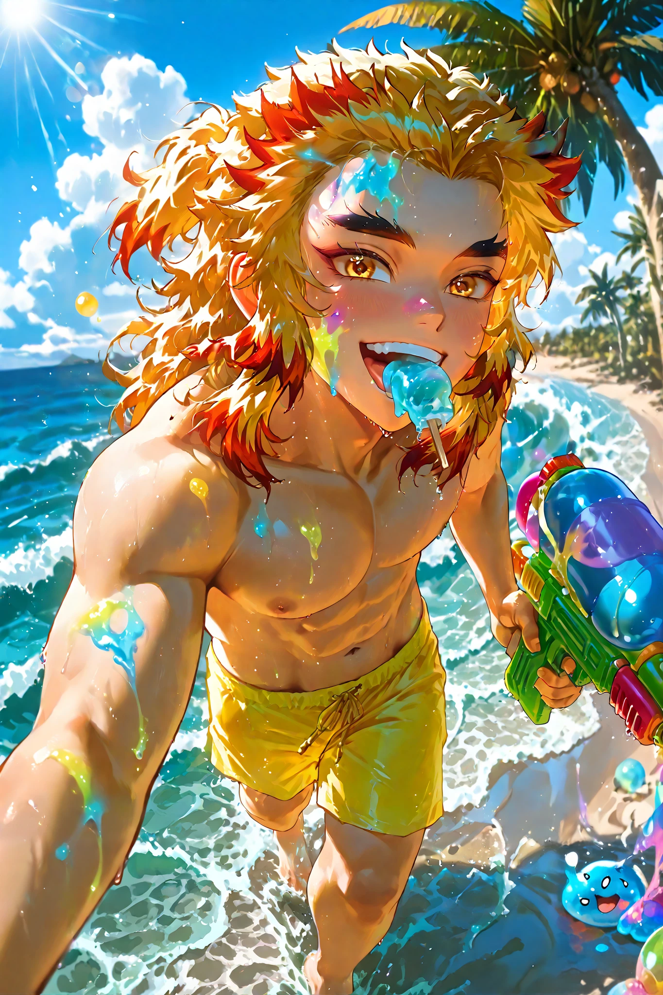 Rengoku kyojuro, (8k, HD), 1 boy, alone, short hair, mixed colour hair, yellow hair, orange hair, spiked hai, yellow eyes, shirtless, (adult), yellow summer shorts, ice cream in mouth, walking along the seashore, beach, sand, waves, looking at viewer, barefoot, wind, palm trees, clouds, blue sky, (water balloons), (good hands), multicoloured smile, happy, joyful, close view, sunlight falling on her, colours, slime, ((colours on her body)), ((coverd in slime)), ((holding watergun)), ((colours on her face)), Holi_Style_SDXL, ((Multicolor Smoke)), Multicolor Paint, Multicolor Powder, face coverd with slime
