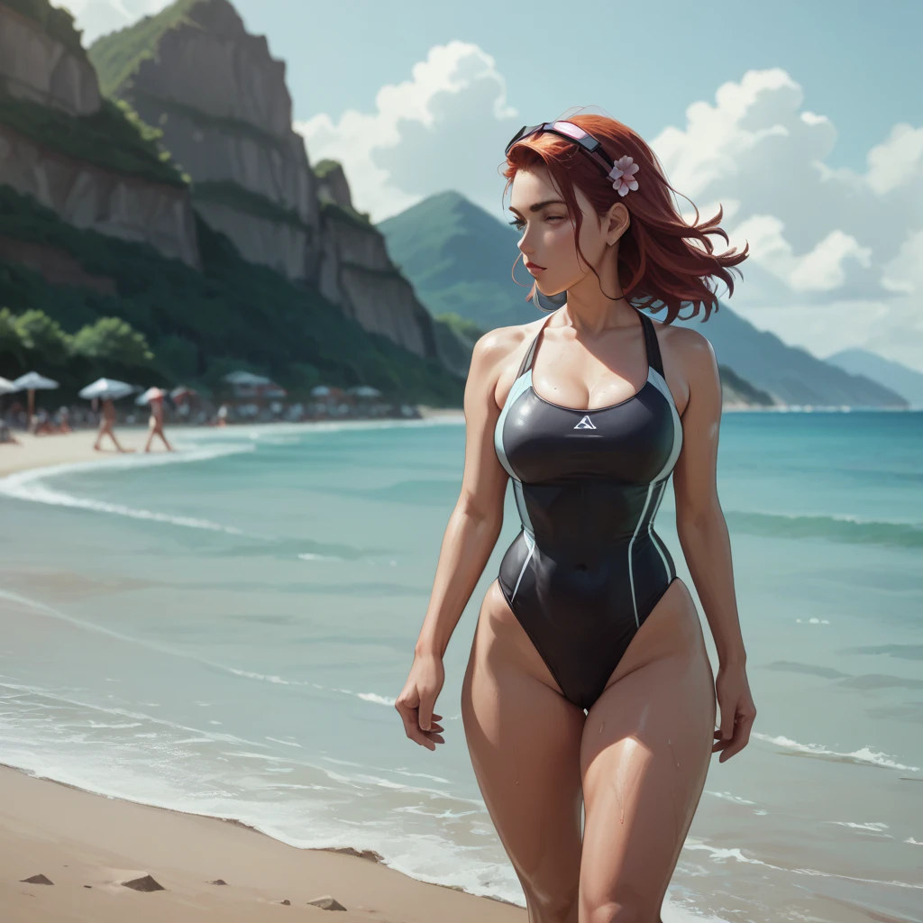 SFW. (bikini) (Nami, large breasts) full body, playful, smiling, flirting, on a deserted beach, shipwreck, (depth of field) (dramatic sunlight), ((best quality)), ((masterpiece)), (detailed)
