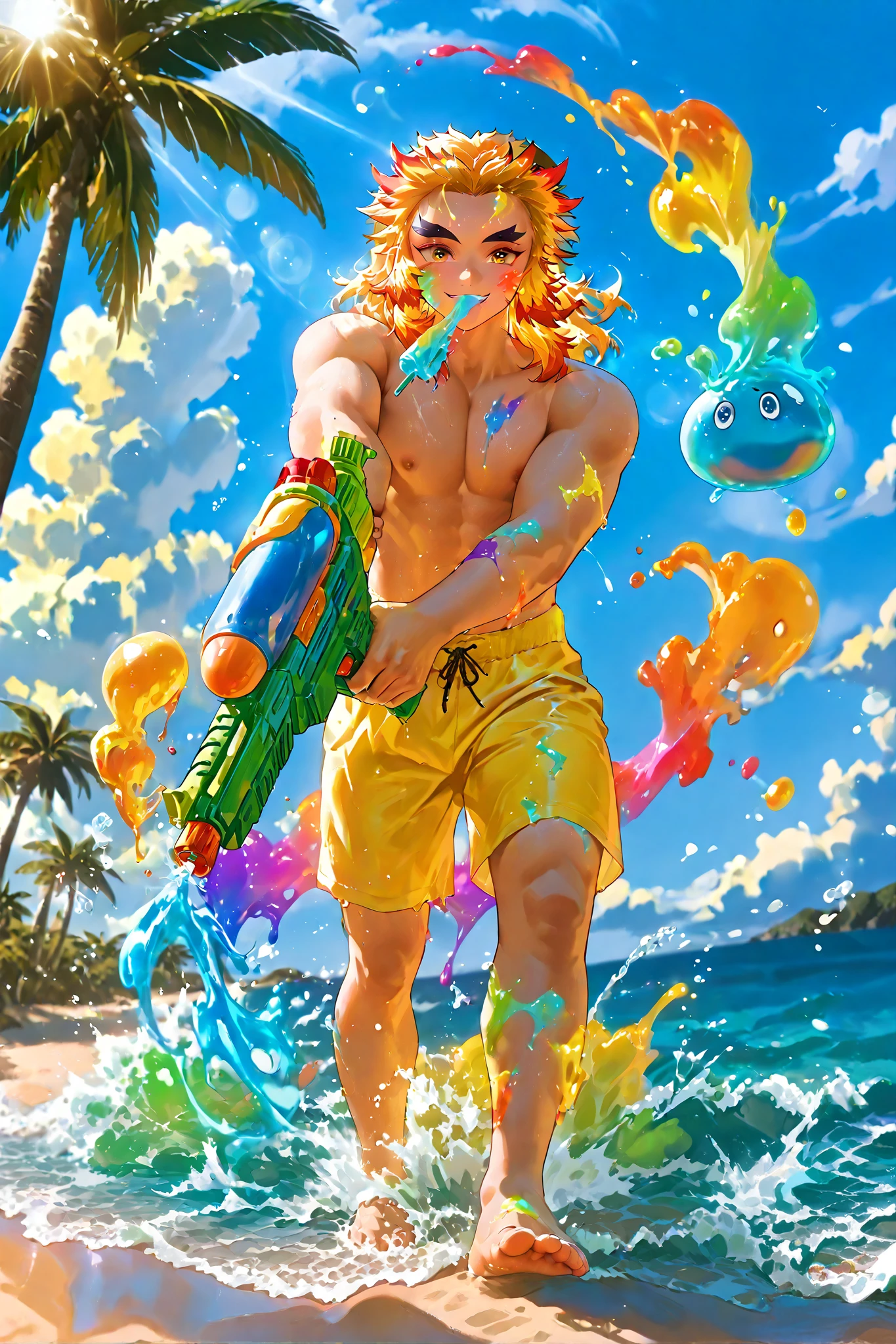 Rengoku kyojuro, (8k, HD), 1 boy, alone, short hair, mixed colour hair, yellow hair, orange hair, spiked hai, yellow eyes, shirtless, (adult), yellow summer shorts, ice cream in mouth, walking along the seashore, beach, sand, waves, looking at viewer, barefoot, wind, palm trees, clouds, blue sky, (water balloons), (good hands), multicoloured smile, happy, joyful, close view, sunlight falling on her, colours, slime, ((colours on her body)), ((coverd in slime)), ((holding watergun)), ((colours on her face)), Holi_Style_SDXL, ((Multicolor Smoke)), Multicolor Paint, Multicolor Powder, face coverd with slime