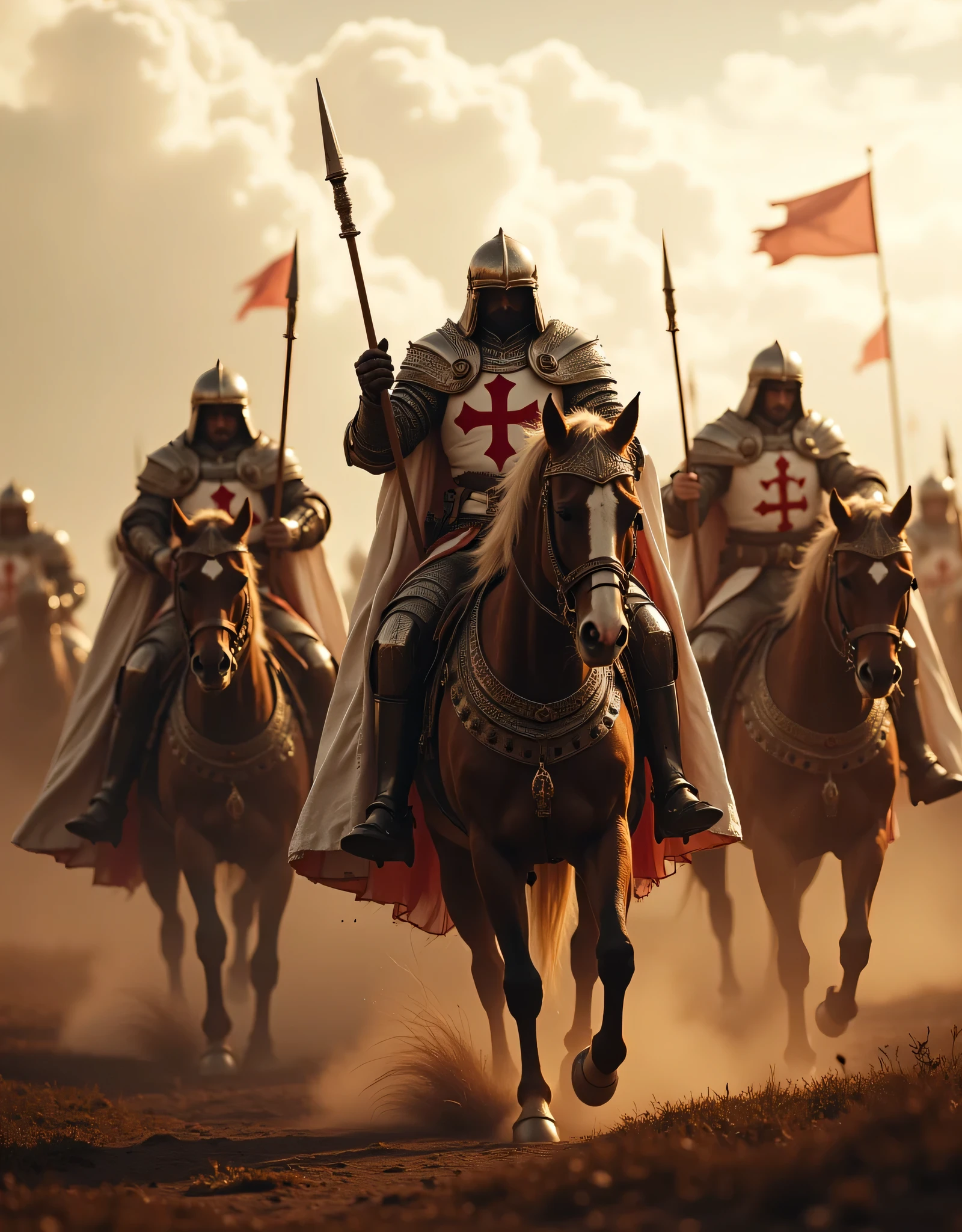 **Prompt:** Create an immersive hyper-realistic panoramic wide-angle image that draws viewers into the heart of medieval Christian Europe, emphasizing a carefully balanced composition. In the foreground, depict a courageous unit of Templar cavalry knights, each intricately designed and poised on their majestic horses, embodying the spirit of brotherhood. Clad in authentic, gleaming armor, these gallant knights wear chainmail and their signature white robes, adorned with striking red cross symbols that shimmer in the soft glow of dusk. As they charge forward, each knight wields a spear in one hand while holding a red cross shield in the other, demonstrating their readiness for the challenges ahead. Focus on the minute details of their armor and the flowing fabric of their robes, while capturing the advanced UHD ambiance that brings the scene's light and shadow to life. The image should convey a palpable sense of urgency and anticipation, accentuating the powerful movement of the cavalry. Pay particular attention to the fine details of their hands, ensuring the realism of their grip on their weapons is striking. Aim to achieve a standard reminiscent of award-winning documentary photography, similar to the works featured in National Geographic, ArtStation, and DeviantArt. This artwork should resonate with historical accuracy, celebrating the enduring essence of the medieval era without any elements of violence or negativity. DEUS VULT!