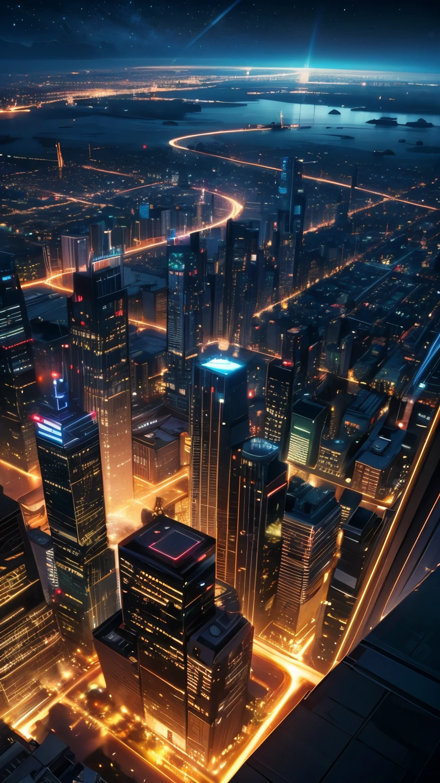 Beautiful night view of the city at night seen from the sky,Million dollar night view,Pale white backlight effect from below,lens flare