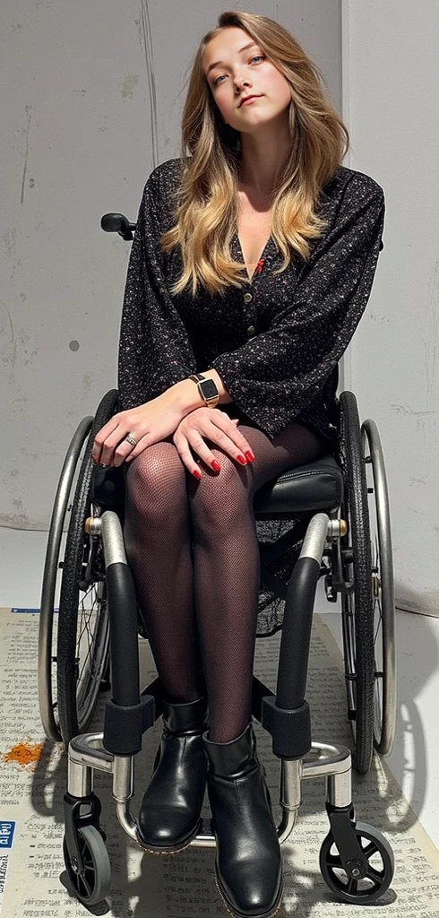 Goth 16 year old teen girl in wheelchair obvious upskirt crossed legs