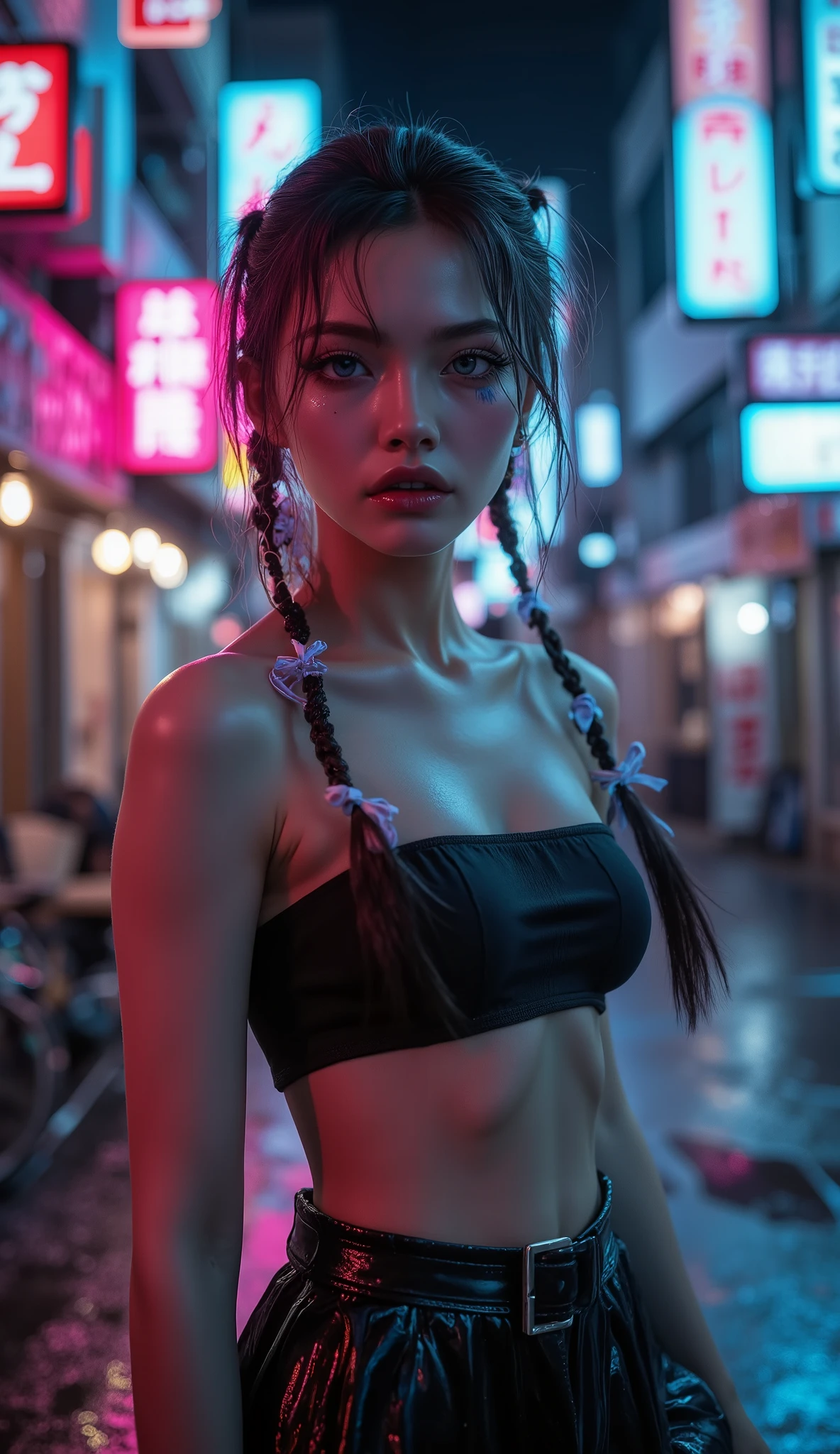 (((masterpiece))), 1 girl. 18 years old. beautiful girl. slim body. ((fit body)). perfect body. sexy body. detailed body structure. (beautiful face). top model face. ver complex face. detailed face. real face. ((cute face)). (perfect face). (symmetrical face). a littlebit messy hair. braid. a brown hair. a bit tanned skin. very complex hair. detailed hair. slim eyebrows. brown eyebrows. dark brown eyes. symmetrical eyes. astonishing eyes. detailed eyes. cute and small mose. (freckles) cute mouth. (red lipstick). hot lips. small chin. (dimple). large breasts. big boobies. nipples. wears a super tight and tiny swimming suite. colorful outfit. full body shot. cinematic lighting. high quality image. (full body image). ((full body shot)). at a busy street at night. (extremely beautiful girl). a small smile. slightly open eyes. posing to the camera. ((horny girl)). topless. ((huge breasts)). masturbating. ((tick buttock))