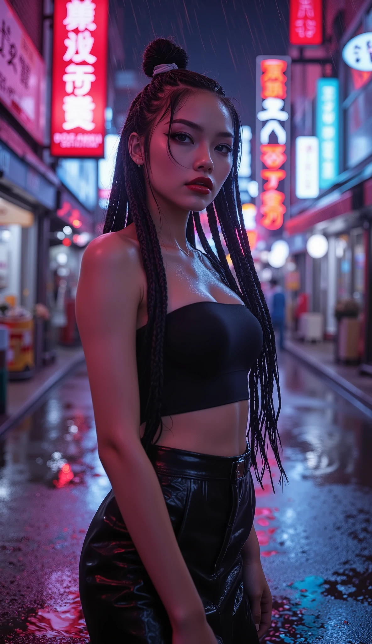  [Style: "masterpiece, realistic (Photorealistic realism), Hyper high resolution, (ultra quality, intricately detailed digital art), focus on extremely Realistic Proportion Body"] (Key Directive: "Prioritize anatomical accuracy and material textures") "Portrait of {woman in Tup tube standing on the street, full body shot, Sexy ice spice}" | "ultra realistic texture details: velvety skin, hair" {Character: "20-year-old white woman, ((full and firm breas:1.35)), (small butt)" | Face: "symmetrical, pale skin, full lips" | Eyes: "((sharp focus, no blurry eyes, Hyper absurd quality, Hyper details, Hyper realistic blue eyes:1.2))" - "((extra narrow eyebrows))" - "Carefully draw Long blue_mascara" - "(perfect round eyes)" | Makeup: "detailed lips:1.3, (apply glossy red_lipstick:1.25)" | Hair: "black with braids, (white ribbon)" | Pose: "dynamic side position" | Outfit: [Top: - "Tube (Simple short Tube), Black:1.25)"] [Bottom: "Tube Skirt, (black and tight)"] | Environment: "Tokyo backstreet at night (rain-slick asphalt, neon signage in Japanese)" | Lighting: - "Cinematic neon wash (pink/cyan dominance)" - "(aim into the distance and shoot)'' (Rendering engine: "Unreal Engine 5 path tracing, 16K texture maps"). The ultra-Highres,Unreal 5,Subsurface scattering,PBR Texturing,Post-Processing,Anisotropic Filtering,depth of fields,Maximum Sharpness and Sharpness,multi-layered texture,Albedo and Specular maps,Surface Shading,Precise simulation of light-material interactions,perfectly proportions,Octane rendering,Two-tone illumination,Wide Aperture, low ISO, white balance, The rule of thirds 