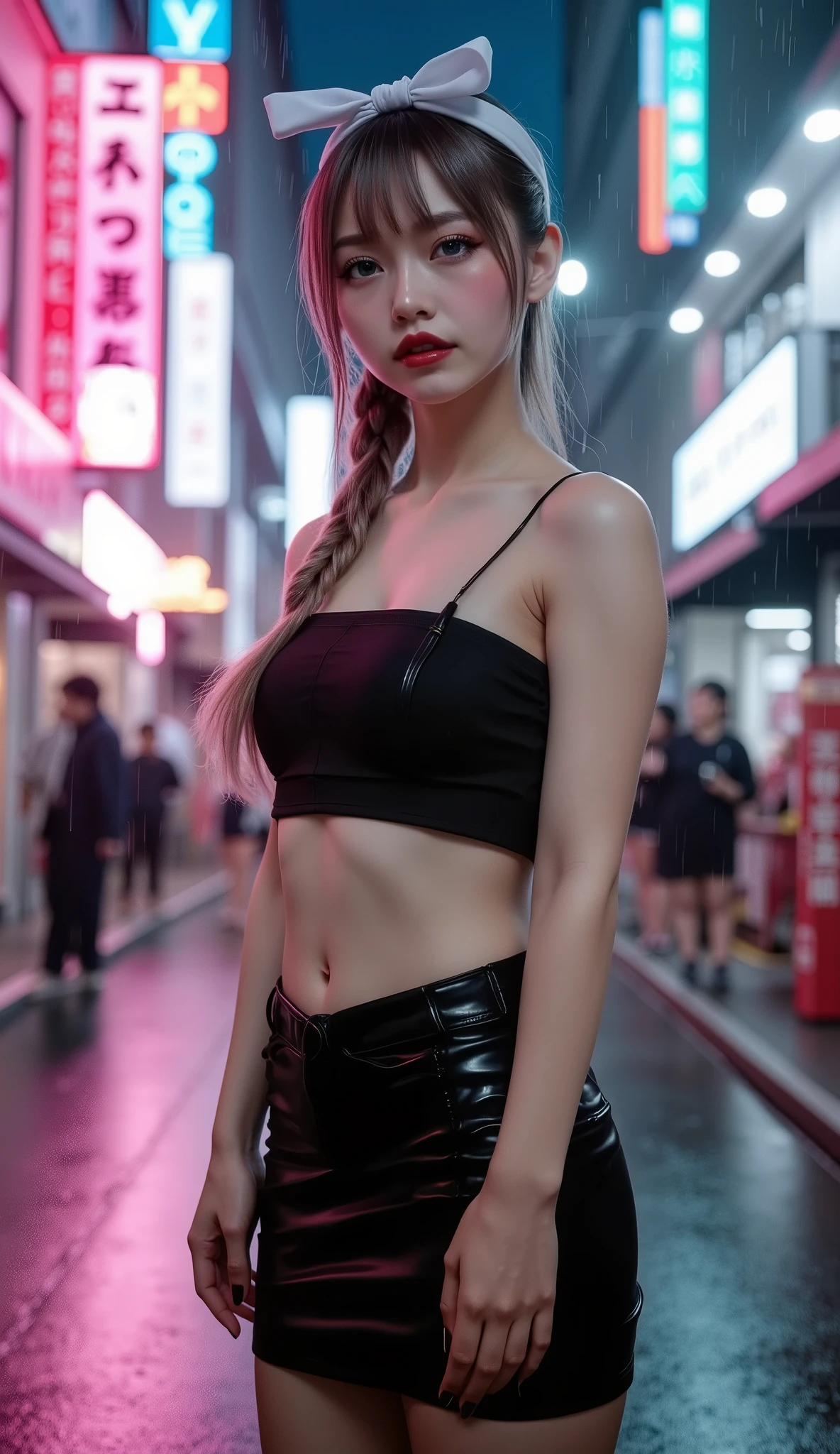 (best quality, 8k, highres, photorealistic:2.0), (solo, one girl:2.0),(lighting:front),(lighting: strong),(Photographed in the downtown area:2.0),(girl is very muscular:1.5),(girls is very toned body:2.0),(shiny skin:1.5),(oily skin:1.5),(platinum blonde hair color:1.5),(straight hair:1.5),(flat chest:1.7),(((small breasts:1.7))),(ultimate beautiful girl),(very elegant woman:1.3),(Wearing Very tiny panties:1.7),(wearing T-front panties:1.7),(high leg panties:1.7),((jacket zip full open)),(navel is visible),(abdomen is visible),(waist is visible),Blush brown makeup , dark eye makeup ,pink lipstick,(big beady eyes girl:1.3),(intense sex appeal:1.5),(expensive necklace:1.5),(Wearing a tank top as an inner layer:1.5)