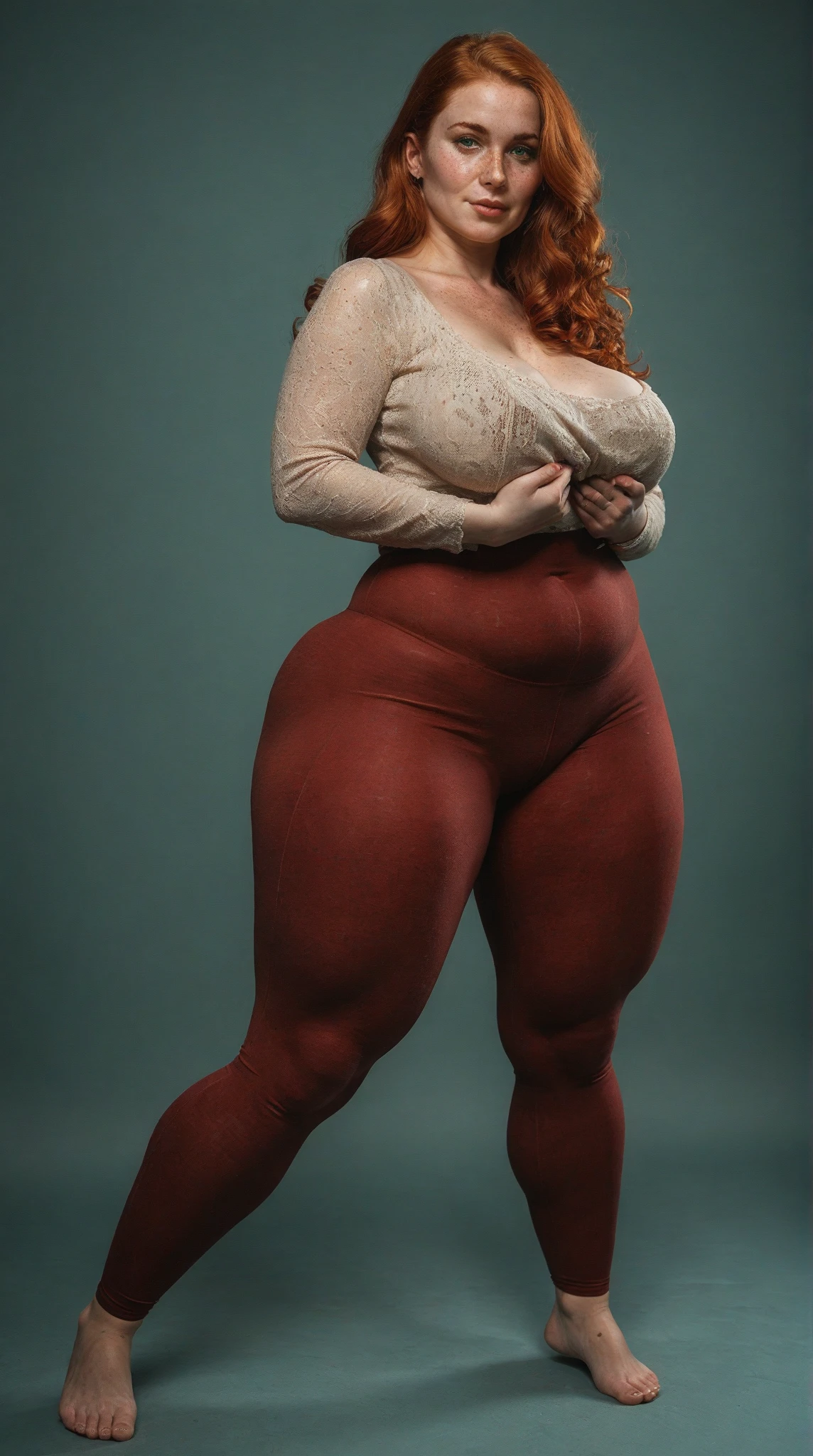 totally (naked) beautiful ginger ((dwarven woman)) in her 30s, with green eyes and striking features, exuding maturity and allure in a seductive pose.(dark-red background),(dwarf) female ,curvy, thick, chubby, short hight , small,chibi, beauty, ginger braided hair, (((short stature))),