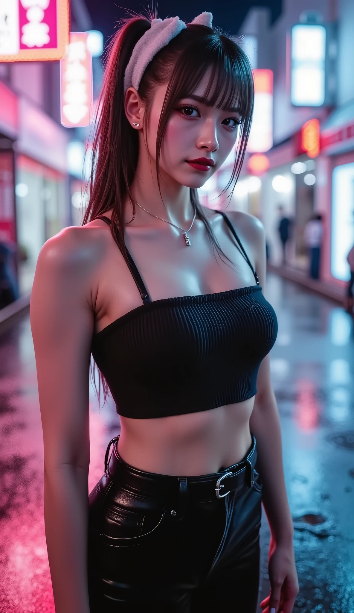  [Style: "masterpiece, realistic (Photorealistic realism), Hyper high resolution, (ultra quality, intricately detailed digital art), focus on extremely Realistic Proportion Body"] (Key Directive: "Prioritize anatomical accuracy and material textures") "Portrait of {woman in Tup tube standing on the street, full body shot, Sexy ice spice}" | "ultra realistic texture details: velvety skin, hair" {Character: "20-year-old white woman, ((full and firm breas:1.35)), (small butt)" | Face: "symmetrical, pale skin, full lips" | Eyes: "((sharp focus, no blurry eyes, Hyper absurd quality, Hyper details, Hyper realistic blue eyes:1.2))" - "((extra narrow eyebrows))" - "Carefully draw Long blue_mascara" - "(perfect round eyes)" | Makeup: "detailed lips:1.3, (apply glossy red_lipstick:1.25)" | Hair: "black with braids, (white ribbon)" | Pose: "dynamic side position" | Outfit: [Top: - "Tube (Simple short Tube), Black:1.25)"] [Bottom: "Tube Skirt, (black and tight)"] | Environment: "Tokyo backstreet at night (rain-slick asphalt, neon signage in Japanese)" | Lighting: - "Cinematic neon wash (pink/cyan dominance)" - "(aim into the distance and shoot)'' (Rendering engine: "Unreal Engine 5 path tracing, 16K texture maps"). The ultra-Highres,Unreal 5,Subsurface scattering,PBR Texturing,Post-Processing,Anisotropic Filtering,depth of fields,Maximum Sharpness and Sharpness,multi-layered texture,Albedo and Specular maps,Surface Shading,Precise simulation of light-material interactions,perfectly proportions,Octane rendering,Two-tone illumination,Wide Aperture, low ISO, white balance, The rule of thirds 