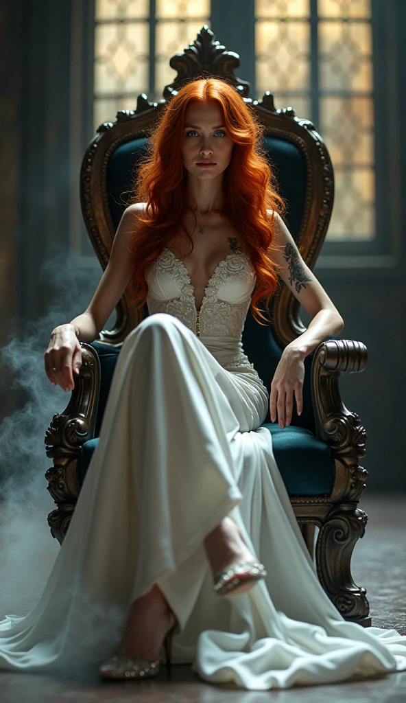 beautiful young girl,4k,ultra detailed,tattoo,smoke,expressive beautiful,younger,tattoo,wearing fantasy white dress, wearing fantasy white high heels,sitting on the throne,crossed legs,sexy,make-up,red hair,matte lipstick,eyelinear,amazing,cute beautiful