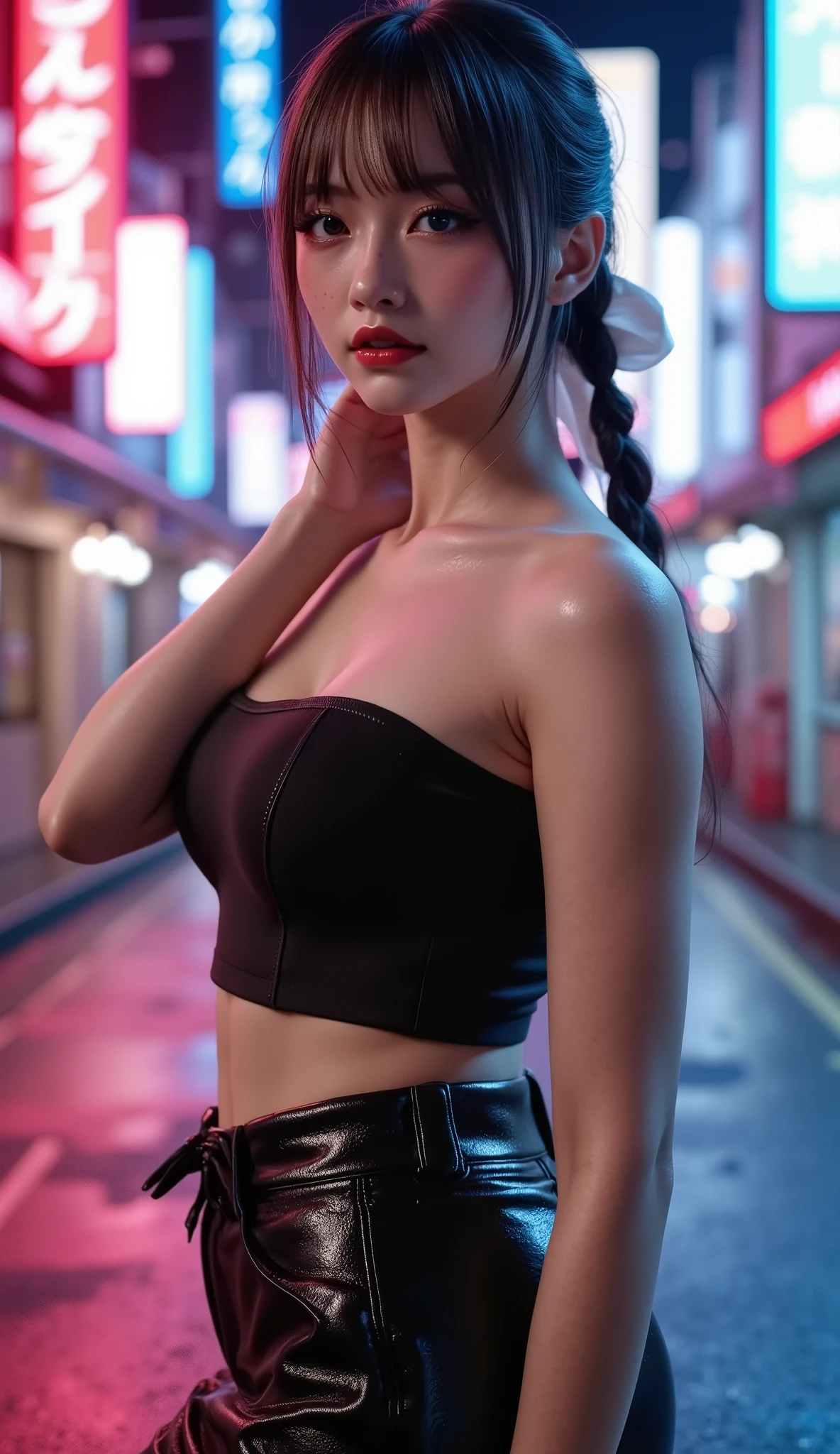  [Style: "masterpiece, realistic (Photorealistic realism), Hyper high resolution, (ultra quality, intricately detailed digital art), focus on extremely Realistic Proportion Body"] (Key Directive: "Prioritize anatomical accuracy and material textures") "Portrait of {woman in Tup tube standing on the street, full body shot, Sexy ice spice}" | "ultra realistic texture details: velvety skin, hair" {Character: "20-year-old white woman, ((full and firm breas:1.35)), (small butt)" | Face: "symmetrical, pale skin, full lips" | Eyes: "((sharp focus, no blurry eyes, Hyper absurd quality, Hyper details, Hyper realistic blue eyes:1.2))" - "((extra narrow eyebrows))" - "Carefully draw Long blue_mascara" - "(perfect round eyes)" | Makeup: "detailed lips:1.3, (apply glossy red_lipstick:1.25)" | Hair: "black with braids, (white ribbon)" | Pose: "dynamic side position" | Outfit: [Top: - "Tube (Simple short Tube), Black:1.25)"] [Bottom: "Tube Skirt, (black and tight)"] | Environment: "Tokyo backstreet at night (rain-slick asphalt, neon signage in Japanese)" | Lighting: - "Cinematic neon wash (pink/cyan dominance)" - "(aim into the distance and shoot)'' (Rendering engine: "Unreal Engine 5 path tracing, 16K texture maps"). The ultra-Highres,Unreal 5,Subsurface scattering,PBR Texturing,Post-Processing,Anisotropic Filtering,depth of fields,Maximum Sharpness and Sharpness,multi-layered texture,Albedo and Specular maps,Surface Shading,Precise simulation of light-material interactions,perfectly proportions,Octane rendering,Two-tone illumination,Wide Aperture, low ISO, white balance, The rule of thirds 