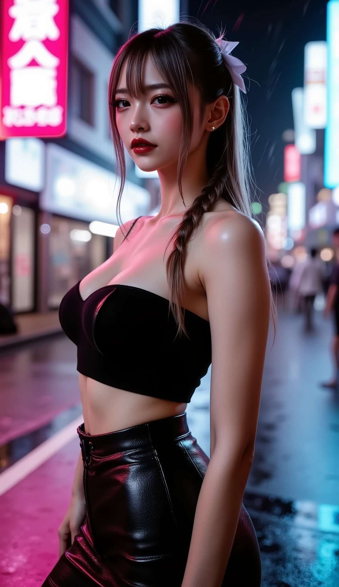  [Style: "masterpiece, realistic (Photorealistic realism), Hyper high resolution, (ultra quality, intricately detailed digital art), focus on extremely Realistic Proportion Body"] (Key Directive: "Prioritize anatomical accuracy and material textures") "Portrait of {woman in Tup tube standing on the street, full body shot, Sexy ice spice}" | "ultra realistic texture details: velvety skin, hair" {Character: "20-year-old white woman, ((full and firm breas:1.35)), (small butt)" | Face: "symmetrical, pale skin, full lips" | Eyes: "((sharp focus, no blurry eyes, Hyper absurd quality, Hyper details, Hyper realistic blue eyes:1.2))" - "((extra narrow eyebrows))" - "Carefully draw Long blue_mascara" - "(perfect round eyes)" | Makeup: "detailed lips:1.3, (apply glossy red_lipstick:1.25)" | Hair: "black with braids, (white ribbon)" | Pose: "dynamic side position" | Outfit: [Top: - "Tube (Simple short Tube), Black:1.25)"] [Bottom: "Tube Skirt, (black and tight)"] | Environment: "Tokyo backstreet at night (rain-slick asphalt, neon signage in Japanese)" | Lighting: - "Cinematic neon wash (pink/cyan dominance)" - "(aim into the distance and shoot)'' (Rendering engine: "Unreal Engine 5 path tracing, 16K texture maps"). The ultra-Highres,Unreal 5,Subsurface scattering,PBR Texturing,Post-Processing,Anisotropic Filtering,depth of fields,Maximum Sharpness and Sharpness,multi-layered texture,Albedo and Specular maps,Surface Shading,Precise simulation of light-material interactions,perfectly proportions,Octane rendering,Two-tone illumination,Wide Aperture, low ISO, white balance, The rule of thirds 