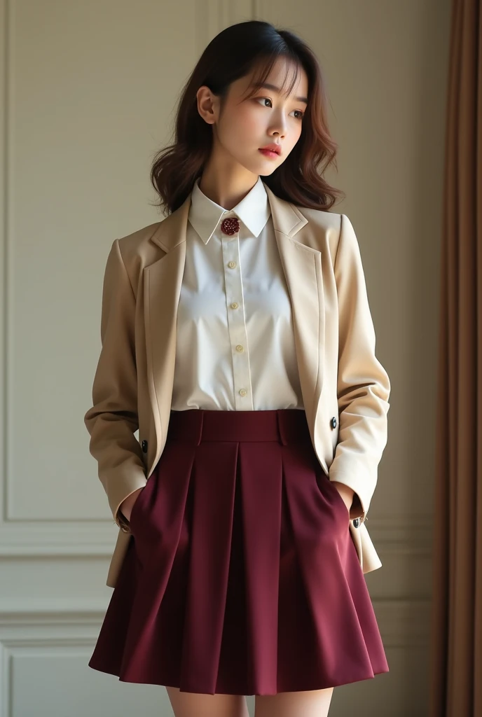 (((masterpiece))), (one beautiful japanese girl, classmate, innocence,cute) ,超A high resolution, realistic, Super detailed, 8K,highest quality, very detailed, detailed background,thin,very beautiful japanese girl, detailed face:1.3), (brown hair), (short bob hair), (baby face,cute系,adorable 14 year old girl), (perfect body:1.1), (brown blazer, light brown pleated mini skirt), provocative smile,show me your beautiful teeth,超detailed face、lip details、detailed eye、small gravure idol,transparent skin、,A Japanese high school with a school emblem on its chest、sexy pose,Please pay attention to your butt,Please think back,Skirt lifts、You can see the cute pants、skirt lift,put your panties aside,
