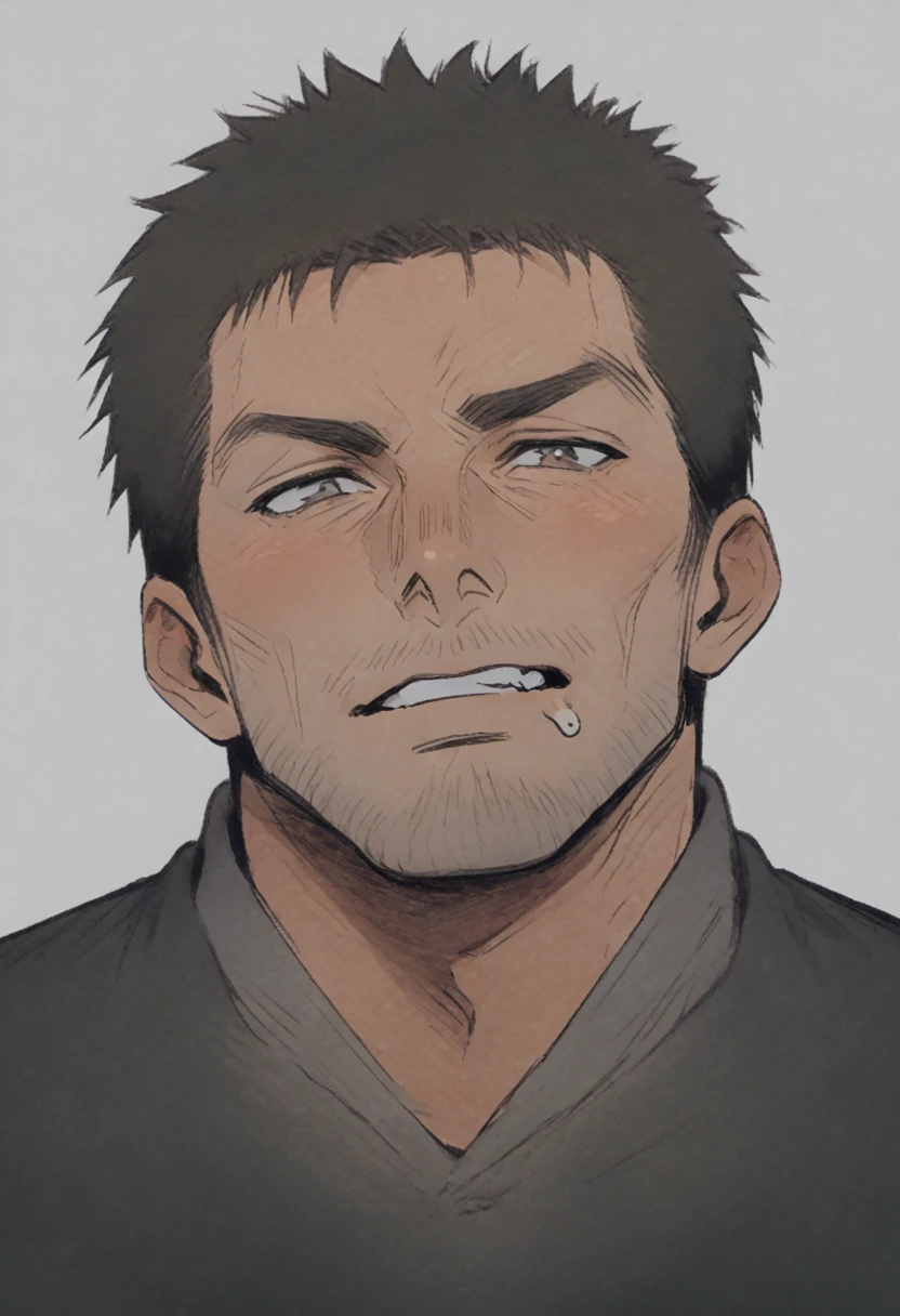Handsome mature man, gray-brown like eyes. Five o'clock stubble on his jaw.