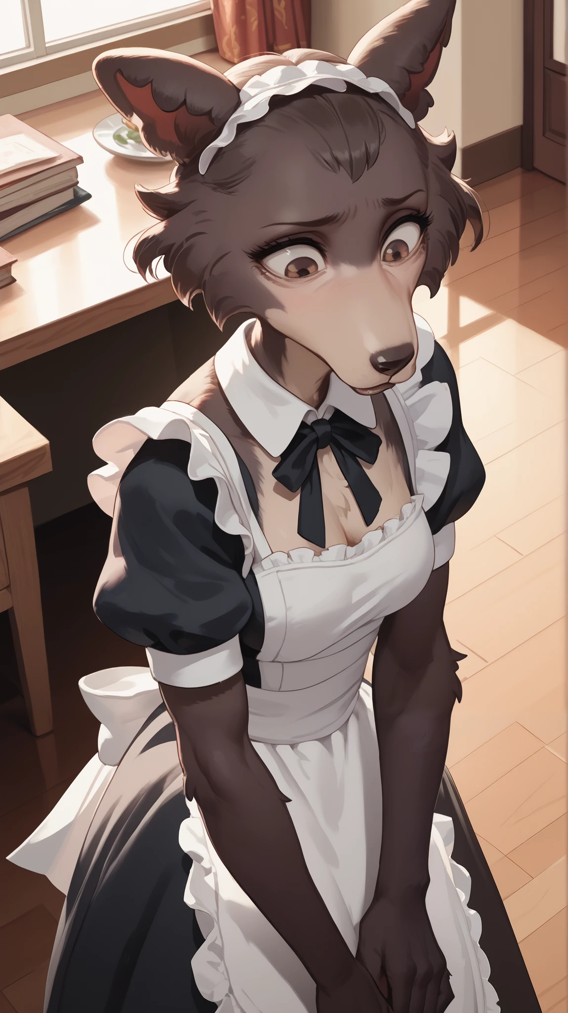 eastnik_anime, fluffy, living room, Anthropomorphic female wolf, brown eyes, looks down, sad face, awkwardness , maid, on the knees, hand strokes the head, top view , stands above it