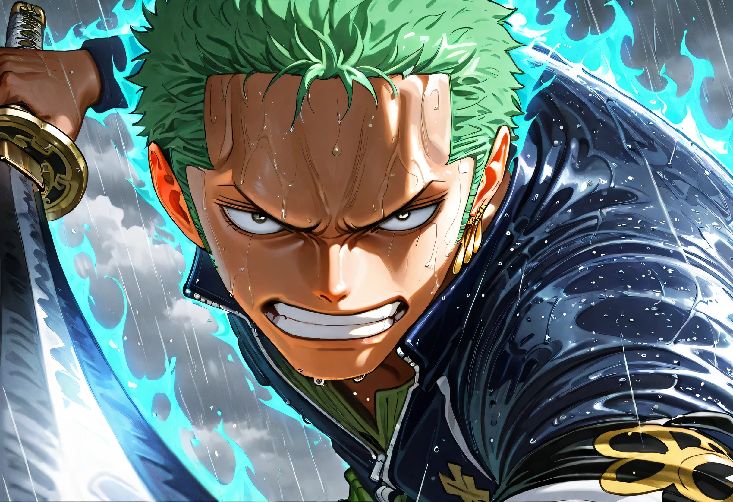 1 , Roronoa Zoro, Katana, action scene, Fighting Pose, intricate detailed portrait, ultra-realistic, dramatic cinematic lighting, epic fantasy scene, lush jungle environment, stormy cloudy sky, rain effects, shining sword, intense focused expression, masterfully rendered,(detailed face and eyes), stylish sneaker, stylish jacket, masterpiece,aura, dragon aura, cinematography, upper body shot,