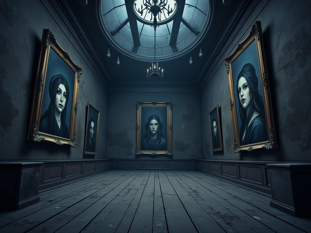 photo, DarknessEighties style a painting of a woman standing in front of a painting