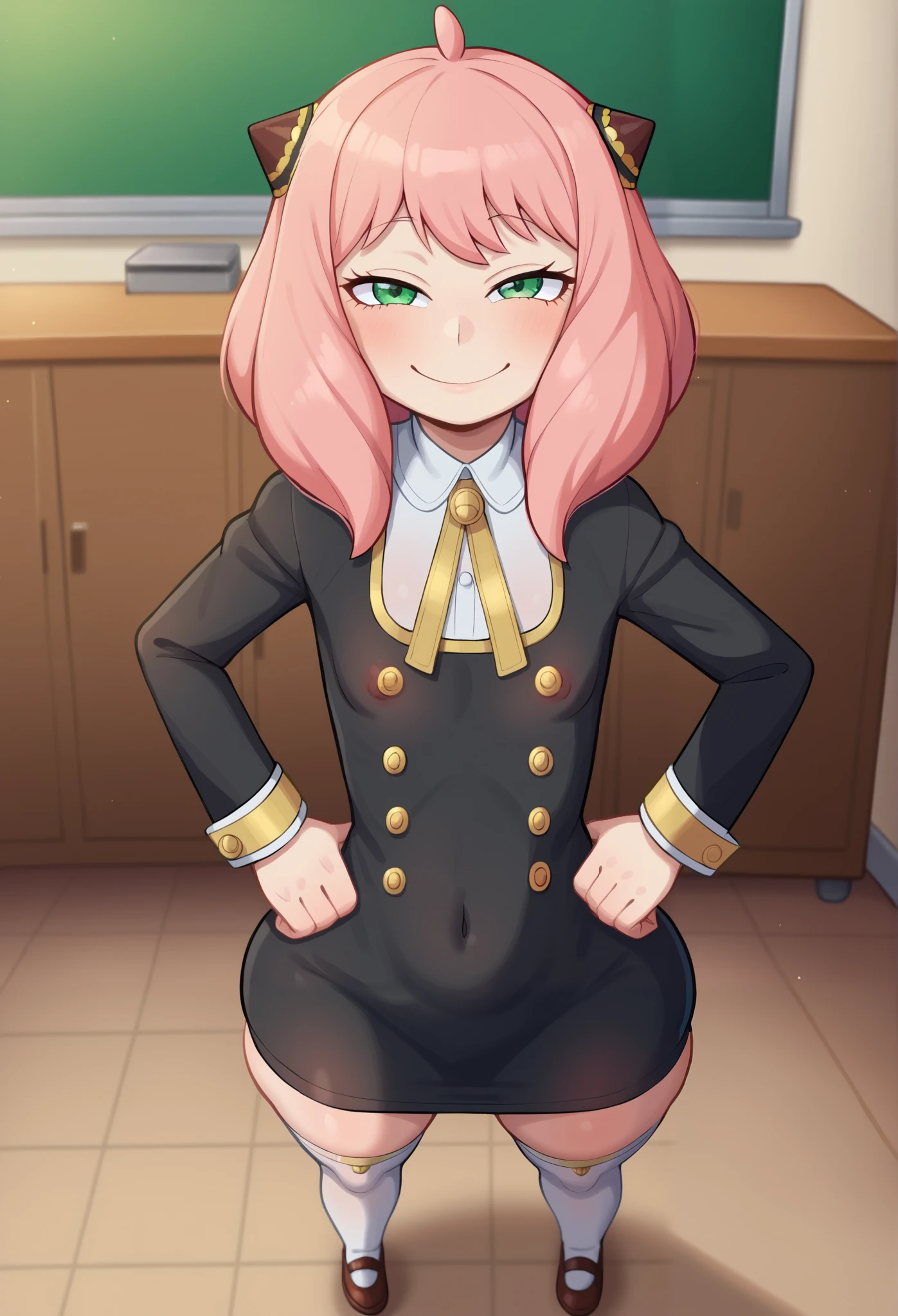 score_9, score_8_up, score_7_up, Yamathegod artsryle, 1girl, solo, anya forger nsfw, (/spy x family/), , tiny girl, size difference, very short girl, from above, looking at viewer, viewers pov, Anya is way shorter than viewer, small stature, innocent, pink hair, hairpods, school uniform, Anya Forger loose dress, dress, black dress, yellow, green eyes, sleeve cuffs, gold trim, flat chested, huge butt, butt focus, thick thighs, tight body, white thighhighs, covered little nipples underneath dress, age difference, immature, under-aged, younger girl, juvenile, youthful, legs spread open, , tight-girl, Anya is 120 cm tall, half-closed eyes, viewer looking down at Anya, smile, hands on hips, large hands are picking her up, indoors, classroom, chalkboard, yamathegod style, Big eyes, cute