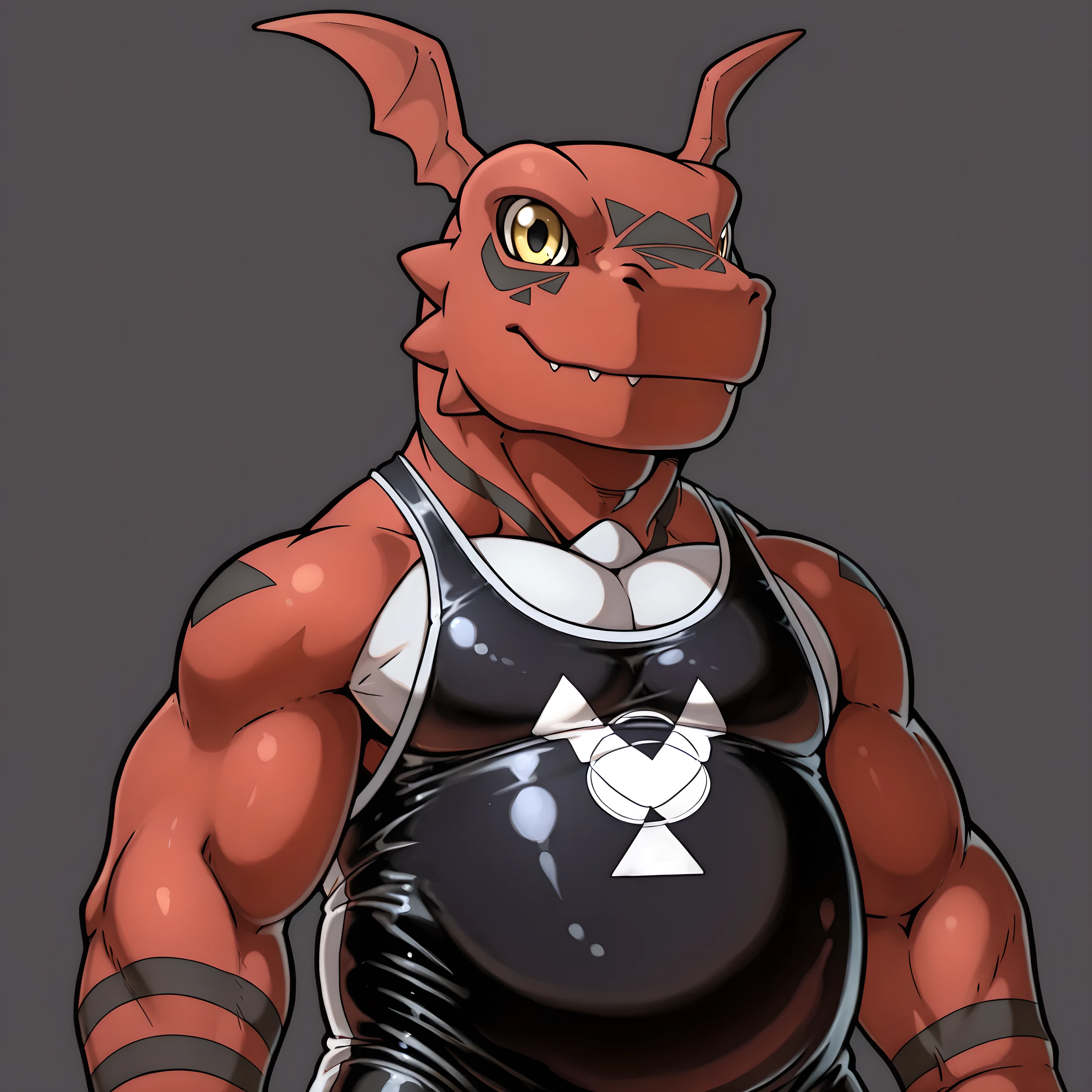 guilmon, high quality, male, solo, simple background, no background, looking at viewer, posing, half body, thick arms, ((wearing black wrestling_singlet, black wrestling singlet)), 