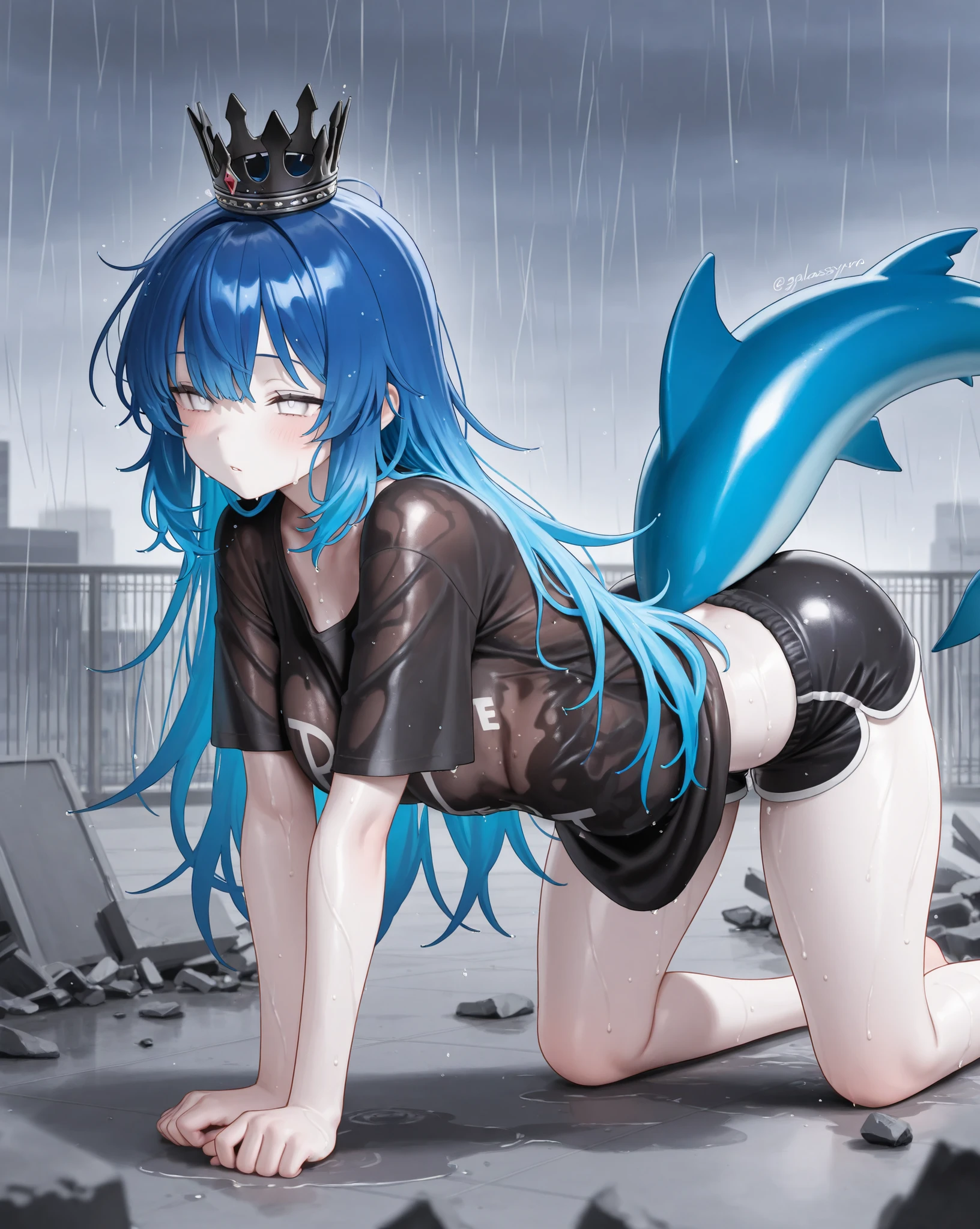 best image quality、High Resolution、 Resplendent Diamond Blue Hair 、white eyes、、rooftop、  black big t-shirt、beautiful breasts、  best thighs、GalaxyAura、 long hair、best image quality、floating rubble、Black Shorts、 white skin、 the royal family、、Straight face、Waking up、Bedhead、、Heavy Rain、wet body、diagonal、 black crown、 Shark Tail 、Ass、on all fours