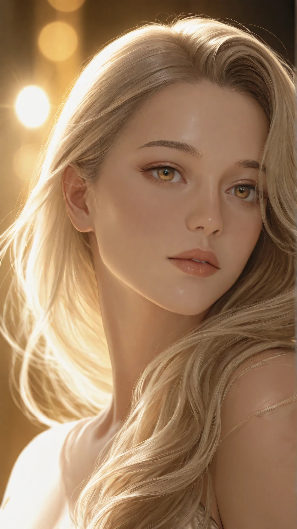 Hyper-realistic, ultra-HD close-up of luxurious, silky, smooth hair flowing in the wind, golden light reflections, extreme detail, cinematic depth of field, dark blurred background, Vogue photoshoot style, 8K resolution.