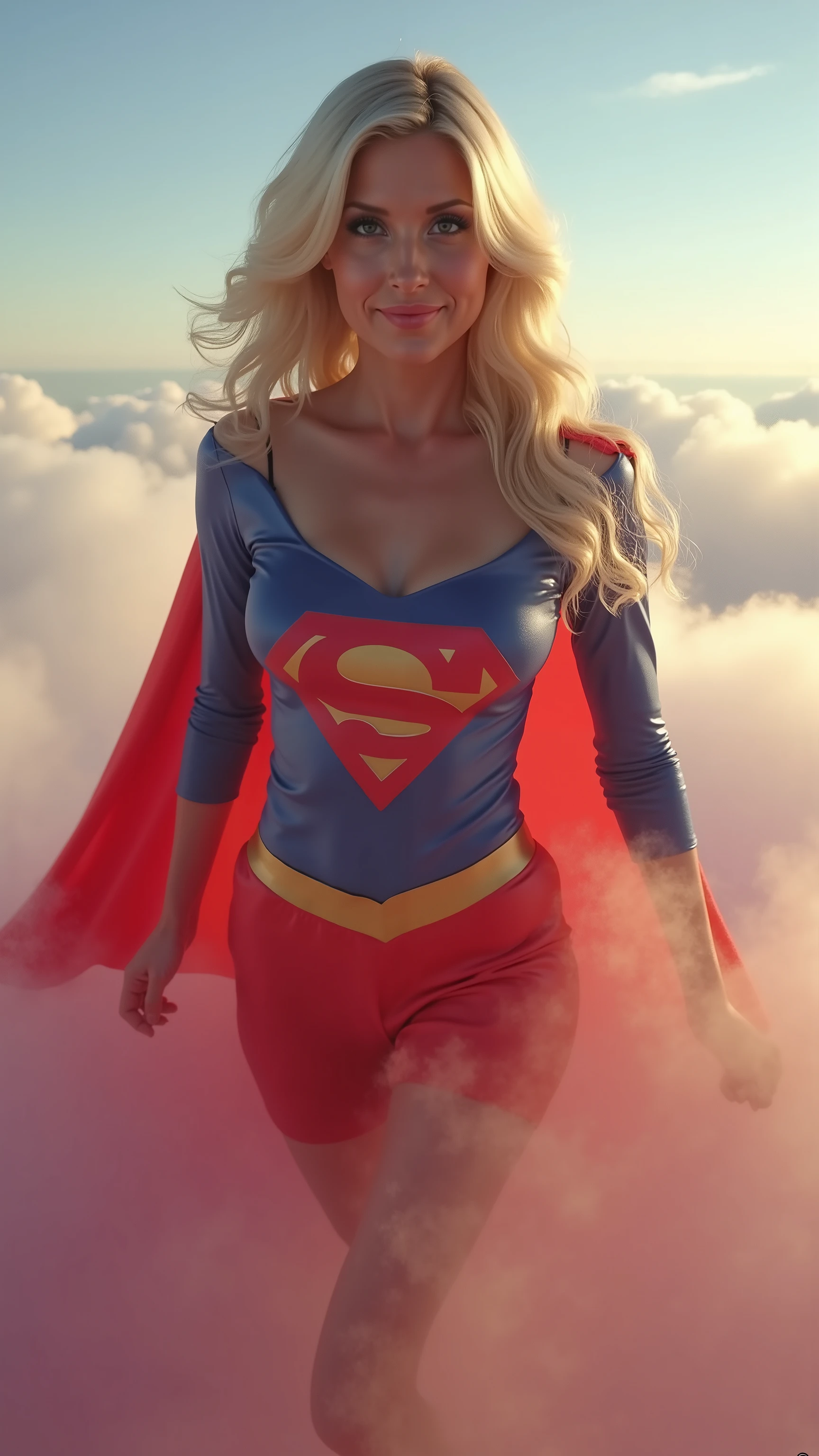 Close-up of an imposing figure, a mature woman in a 1980s Supergirl costume ((60 years old with large breasts; Supergirl 1980s costume; glued to the body; beautiful and elegant; huge breasts; blonde hair with some white strands))) and piercing gaze, floating with just a hint of early morning sunlight. She is floating in the clouds, reflected pink light, fog or mist in the foreground