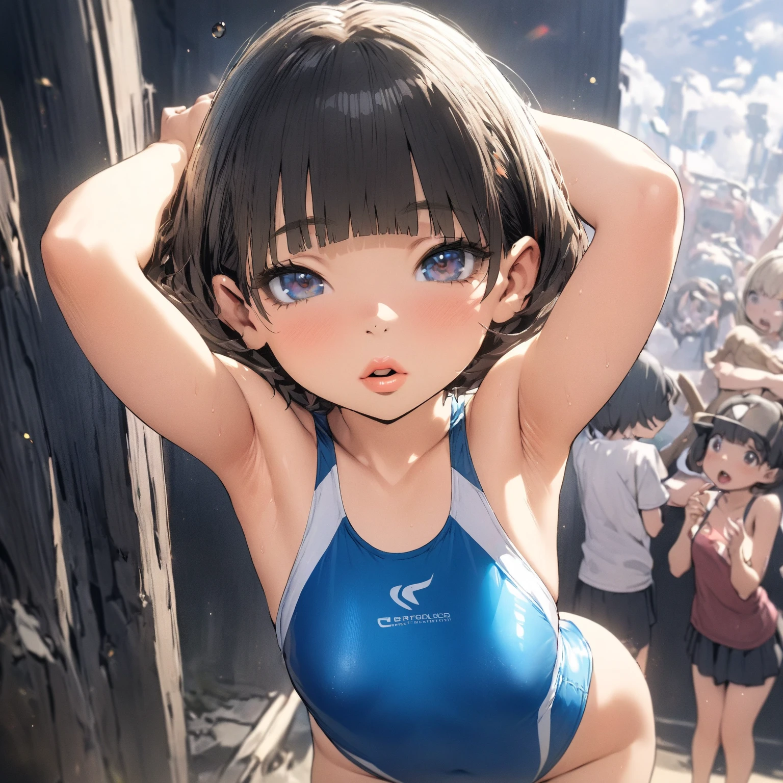 very cute and beautiful girl,(Very detailed beautiful face and eyes:1.2),((((scantily clad:1.2)))),(Smilingly),((Three-point swimsuit)),absolute chance,Eternal,Detailed legs,dynamicposes,dynamic angle,black hair color hair,shairband,Flat cat ears are short and delicate,squatting pose,(((The body faces the audience))),(Short hair has the most exquisite temperament,tmasterpiece:1.2),Complicated details,A high resolution,Just focus,natural lightting,(((Children's))),((Small_比基尼)),big tit job,The barefoot,turn arms behind you,white clothes