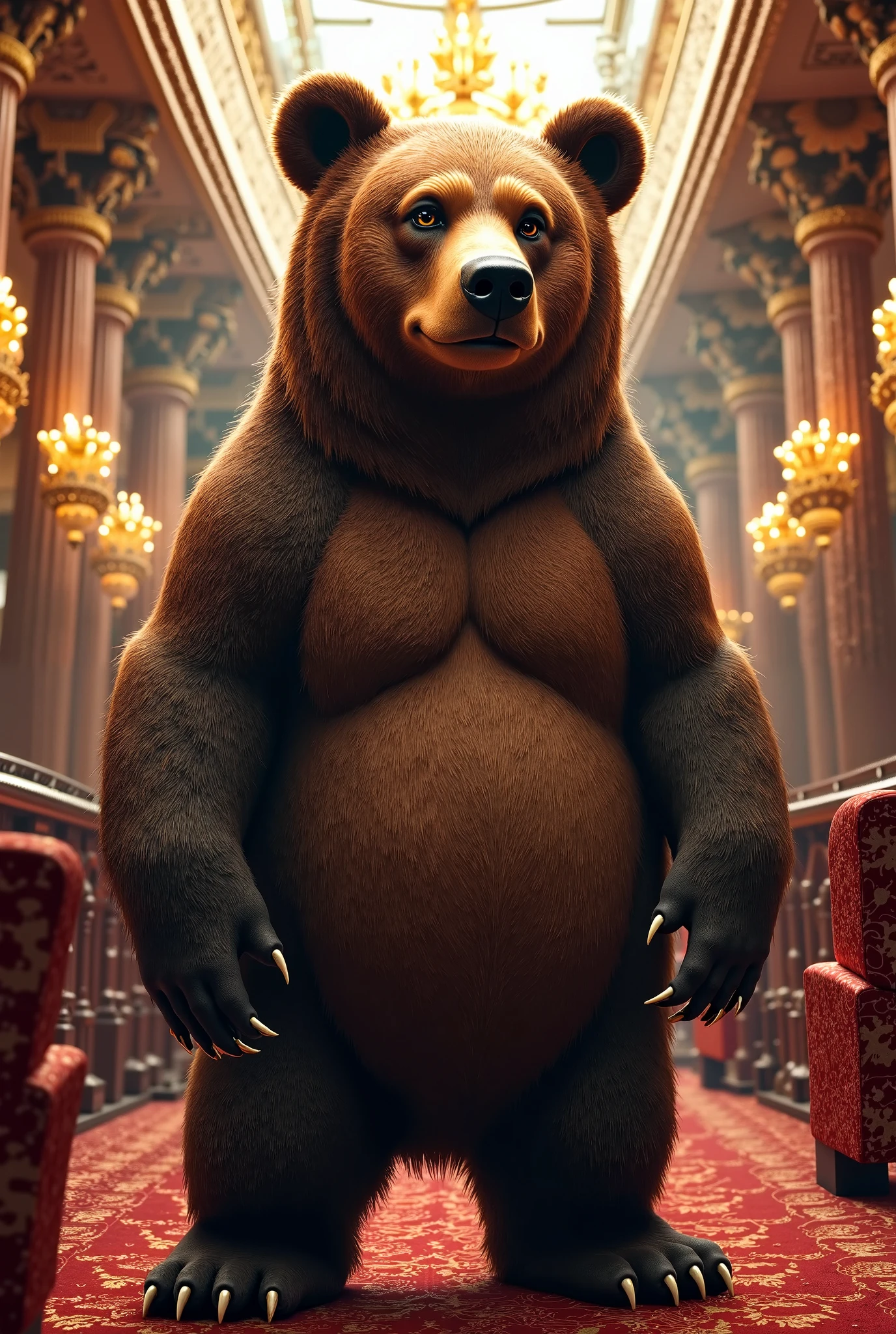 furry, fur taur, beartaur, middle-age, solo,1man, detailed face, bear ears, bear eyes(brown), bear nose(black), bear mouth, beard(grey), mature hair(grey), detailed arms, thick arms, muscular, thick hands(5 fingers), detailed body belly, thick body, muscle belly(white), thick chest, chest hair(white), nipples, detailed taur body, thick taur body, thick bear paws, thick bear tail, full body shot, standing in the palace