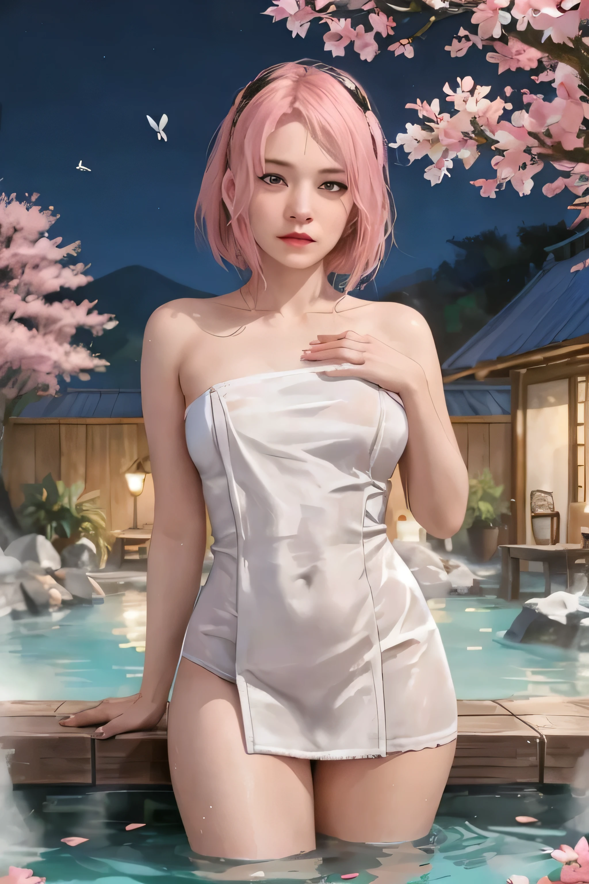 japanese onsen,PH Momo, momohd, phmomo, Solo, 1girl in,  Pink hair, Purple eyes, Short hair, Hair Flower, barechested,hiding breast, Big eyes, embarrassed,Hide the nipple with your hands,