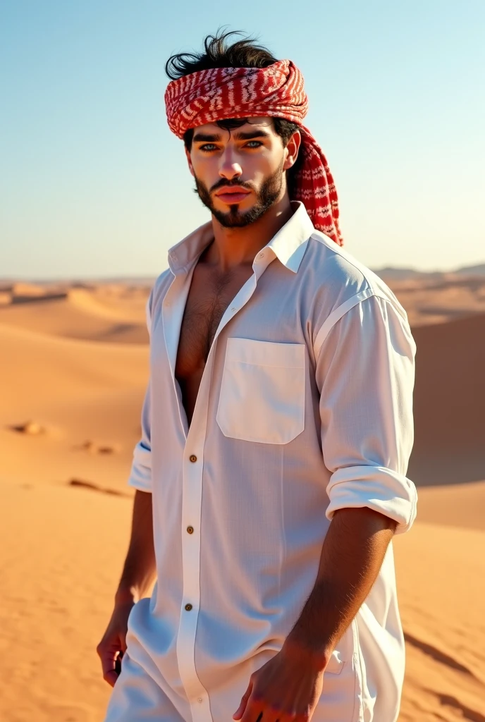 a beautiful model cyberpunk criminal young man, strong muscular man, dark hair, grey eyes, tattooed, short beard, standing in a desert oasis, bare chest, Arabic turban, white linen trousers, looking away from camera, (holding a falcon on forearm:1.3), Skin Textures, High Resolution, Cinematic