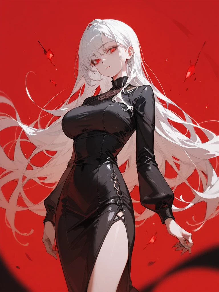 A female mafia boss wearing a black dress shirt with the top buttons undone and a crimson suit.(silver hair red eye piercing)